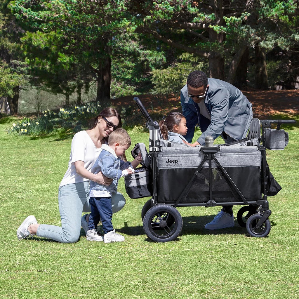 Jeep Wrangler Deluxe 4 Seater Stroller Wagon by Delta Children - Premium Quad Stroller Wagon for 4 Kids