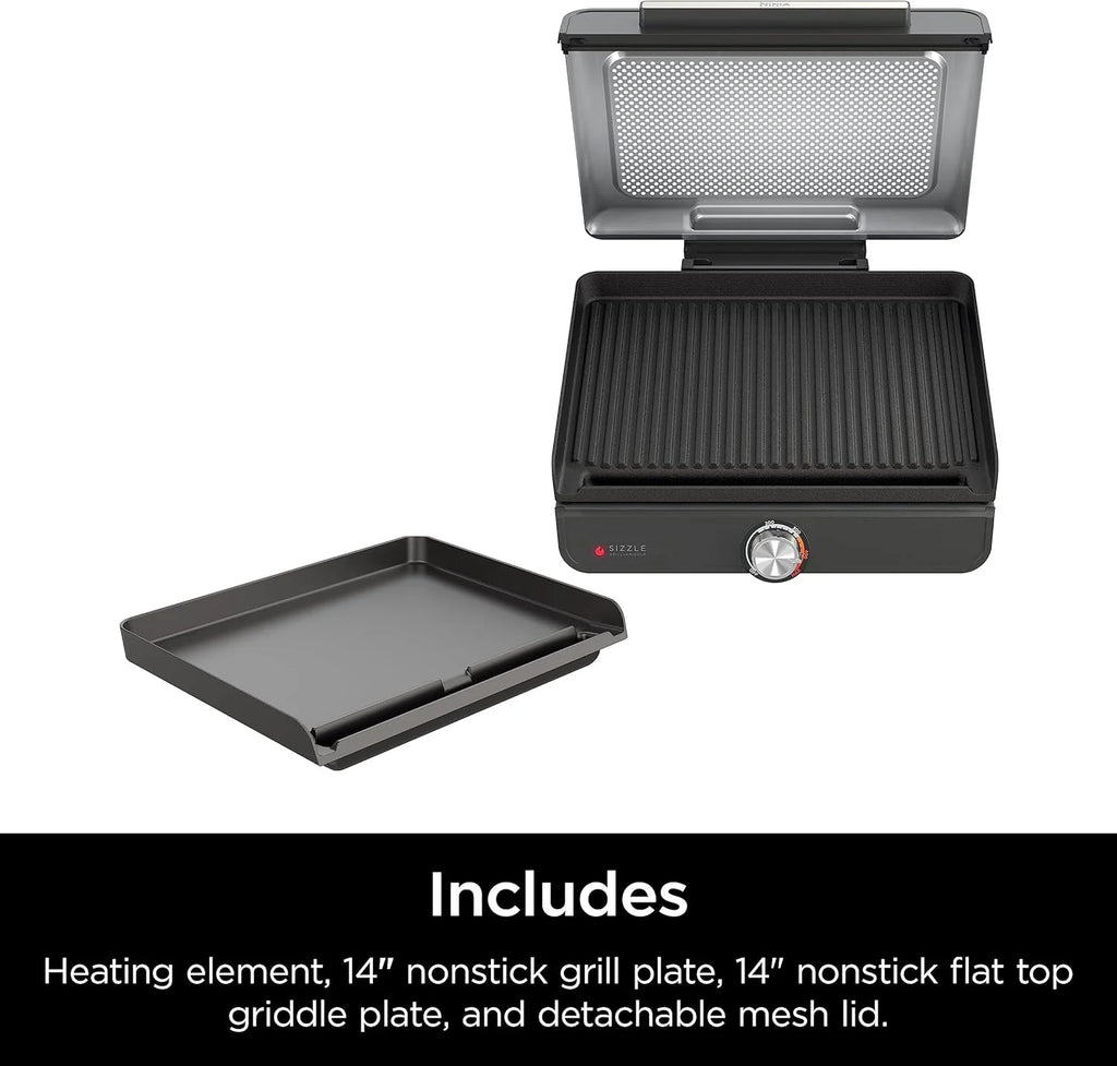Ninja Griddle and Indoor Grill, 14��锟�? Electric Grill, For Steak, Burgers, Salmon, Veggies, and More, Pancake Griddle, Nonstick, Dishwasher Safe, 500F, Even Cooking, Silver, GR101