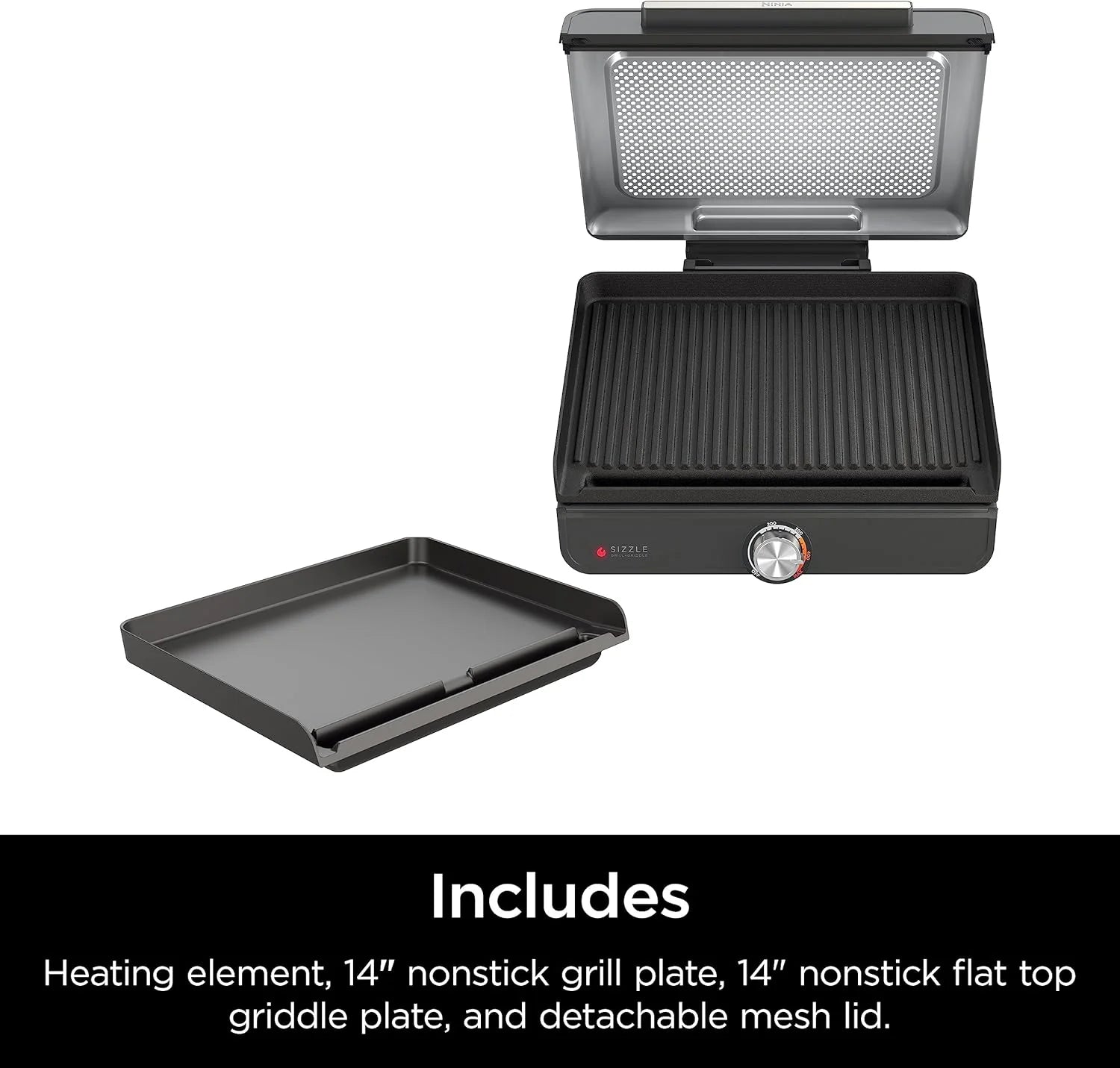 Ninja Griddle and Indoor Grill, 14��锟�? Electric Grill, For Steak, Burgers, Salmon, Veggies, and More, Pancake Griddle, Nonstick, Dishwasher Safe, 500F, Even Cooking, Silver, GR101