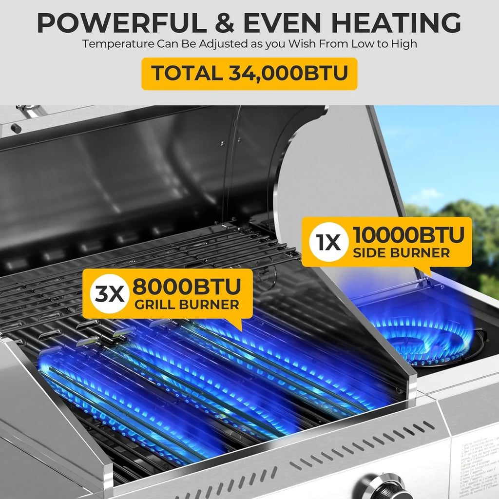 34,000 BTU 3-Burner Propane Gas Grill with Side Burner, All Stainless Steel BBQ Grill