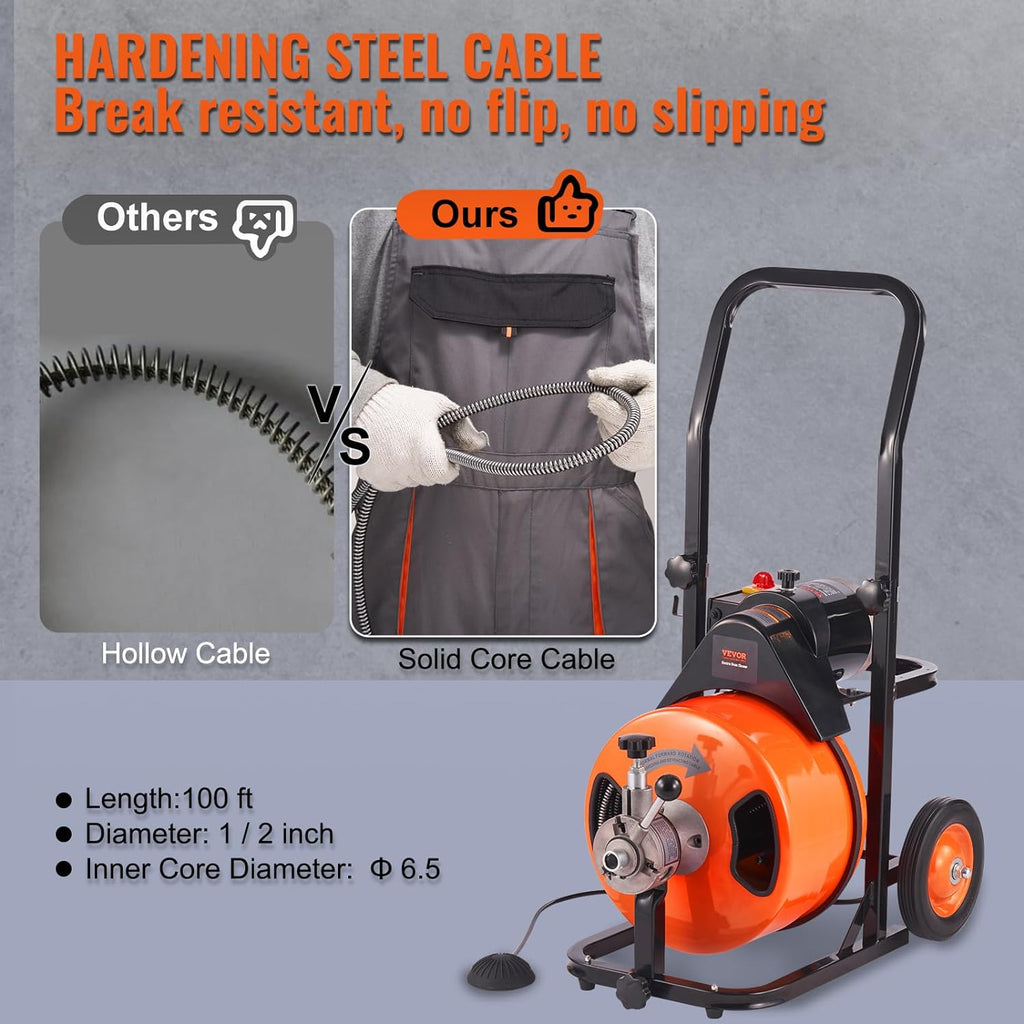 2025 Drain Cleaner Machine 100FT x 1/2Inch, Auto Feed Sewer Snake Auger with 4 Cutter & Air-activated Foot Switch for 1" to 4" Pipes, Orange, Black