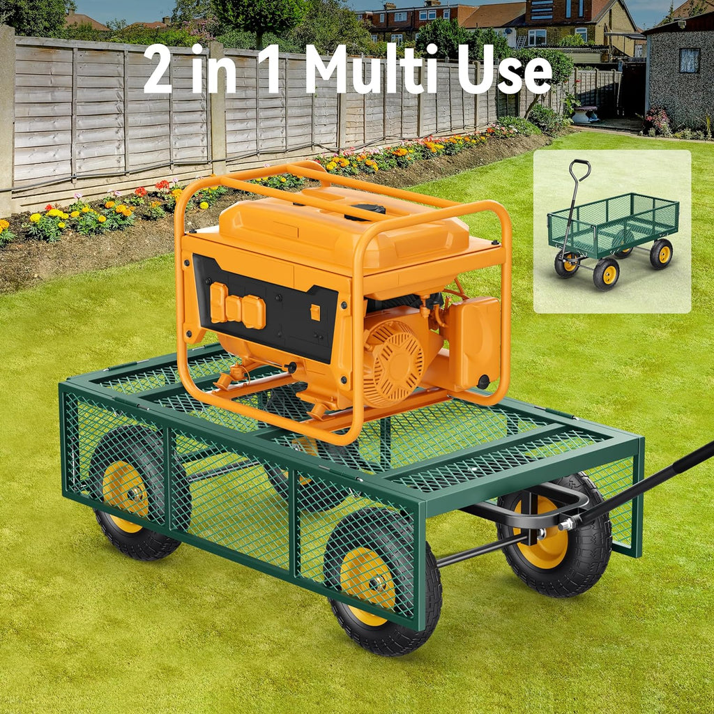 Steel Garden Cart 2-in-1 1400 lbs Heavy Duty Utility Wagon with Removable Mesh Sides to Convert into Flatbed 240?? U-Turn 13" Pneumatic Tires Garden Wagon for Farm Yard Lawn Garden Camping