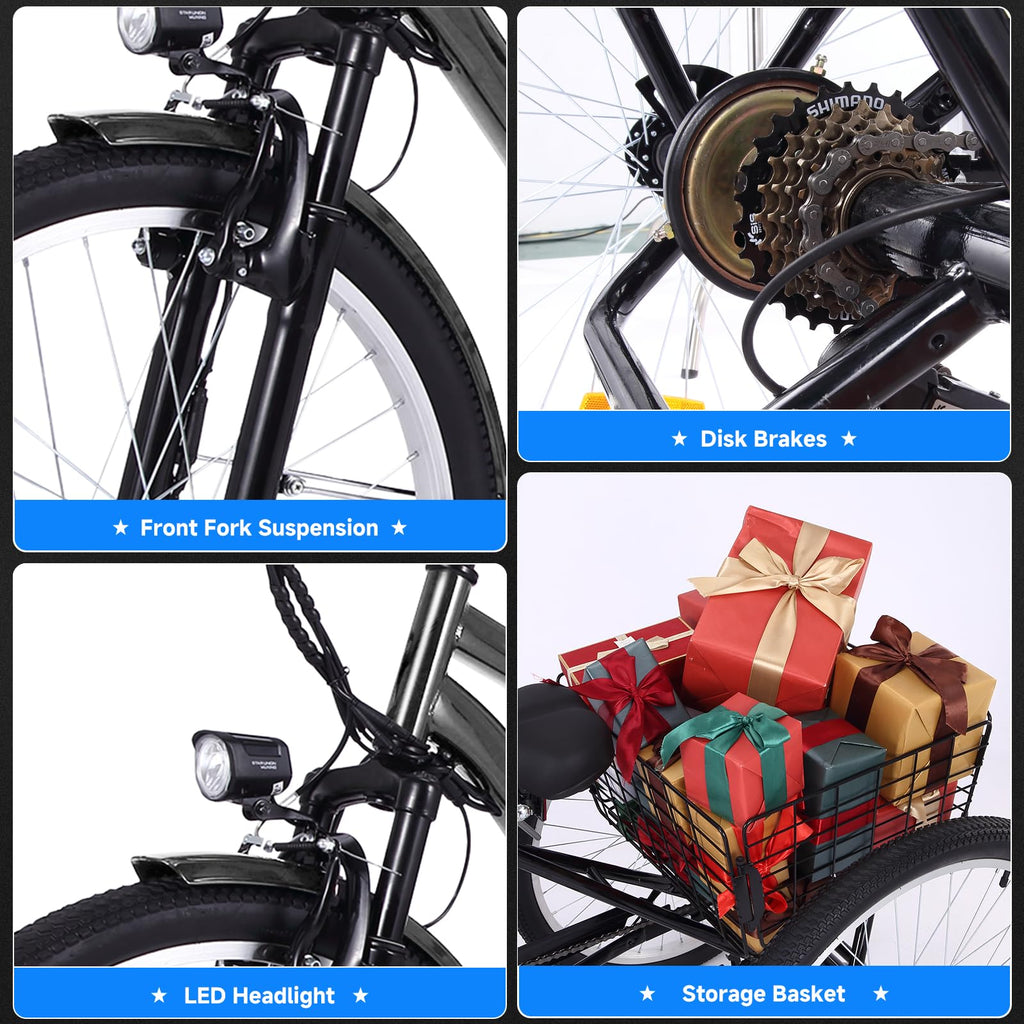 2025 26 Inch Adult 3 Wheel Electric Tricycle with Basket, Fat Tires,7 Speeds,350W Powerful Motor, 36V 10Ah Removable Battery Dark Gray
