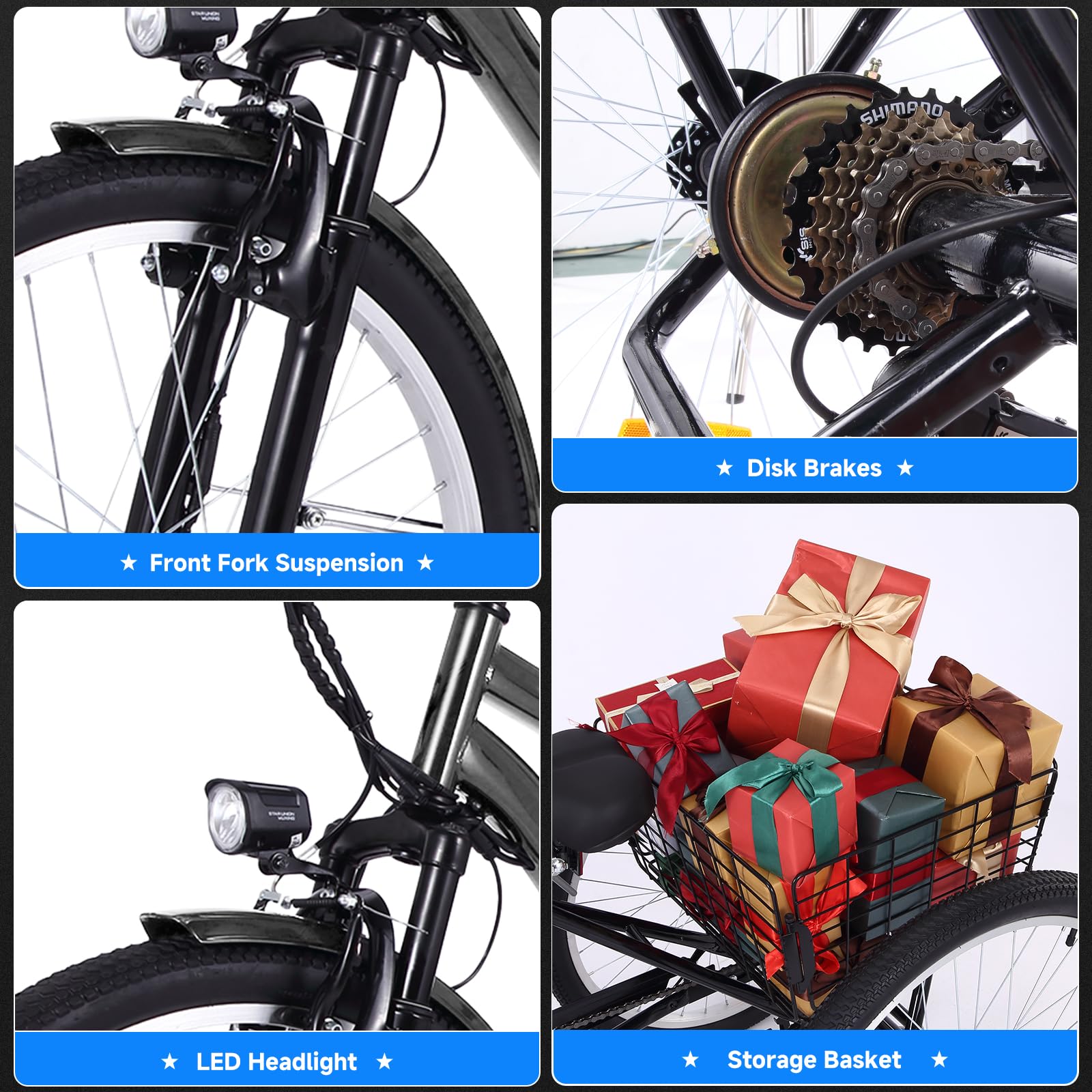 2025 26 Inch Adult 3 Wheel Electric Tricycle with Basket, Fat Tires,7 Speeds,350W Powerful Motor, 36V 10Ah Removable Battery Dark Gray