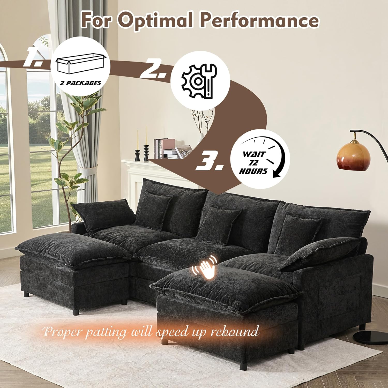 108" U Shaped Couch, Modular Sectional Sofa, 3-Seater Comfy Cloud Couch with Movable Ottoman, Deep Seat Couches for Living Room, Linen, Beige