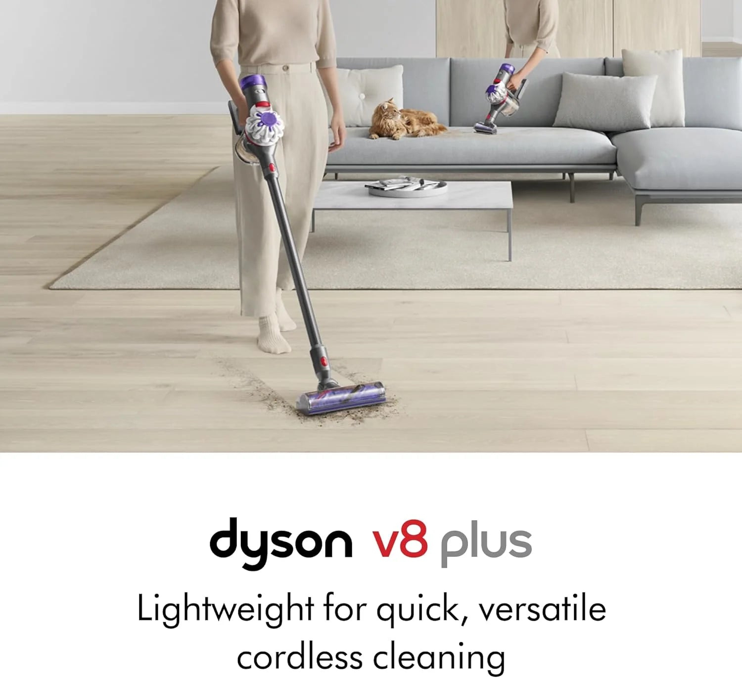 Dyson V8 Plus Cordless Vacuum, Cleans Hard Floors and Carpets, Detangles, Converts to Handheld, 115AW, 2 Power Modes, Up to 40 Minutes鹿