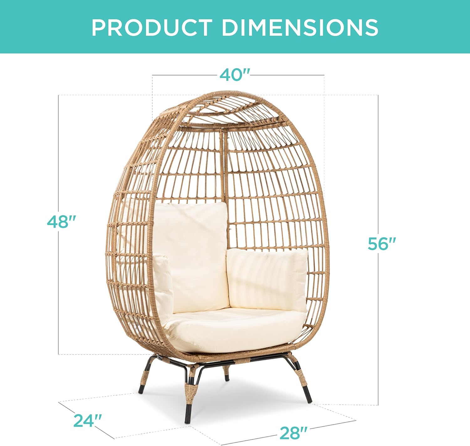 Best Choice Products Wicker Egg Chair Oversized Indoor Outdoor Lounger for Patio Backyard Living Room w/ 4 Cushions Steel Frame 440lb Capacity - Ivory
