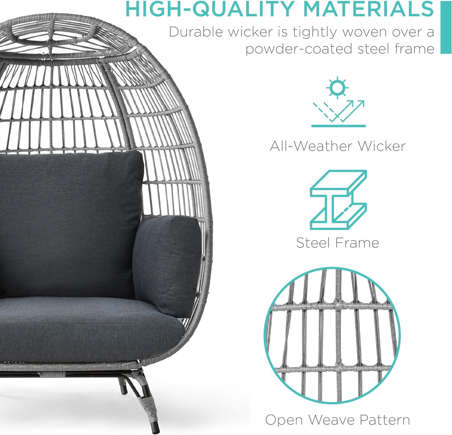Best Choice Products Wicker Egg Chair Oversized Indoor Outdoor Lounger for Patio Backyard Living Room w/ 4 Cushions Steel Frame 440lb Capacity - Ivory