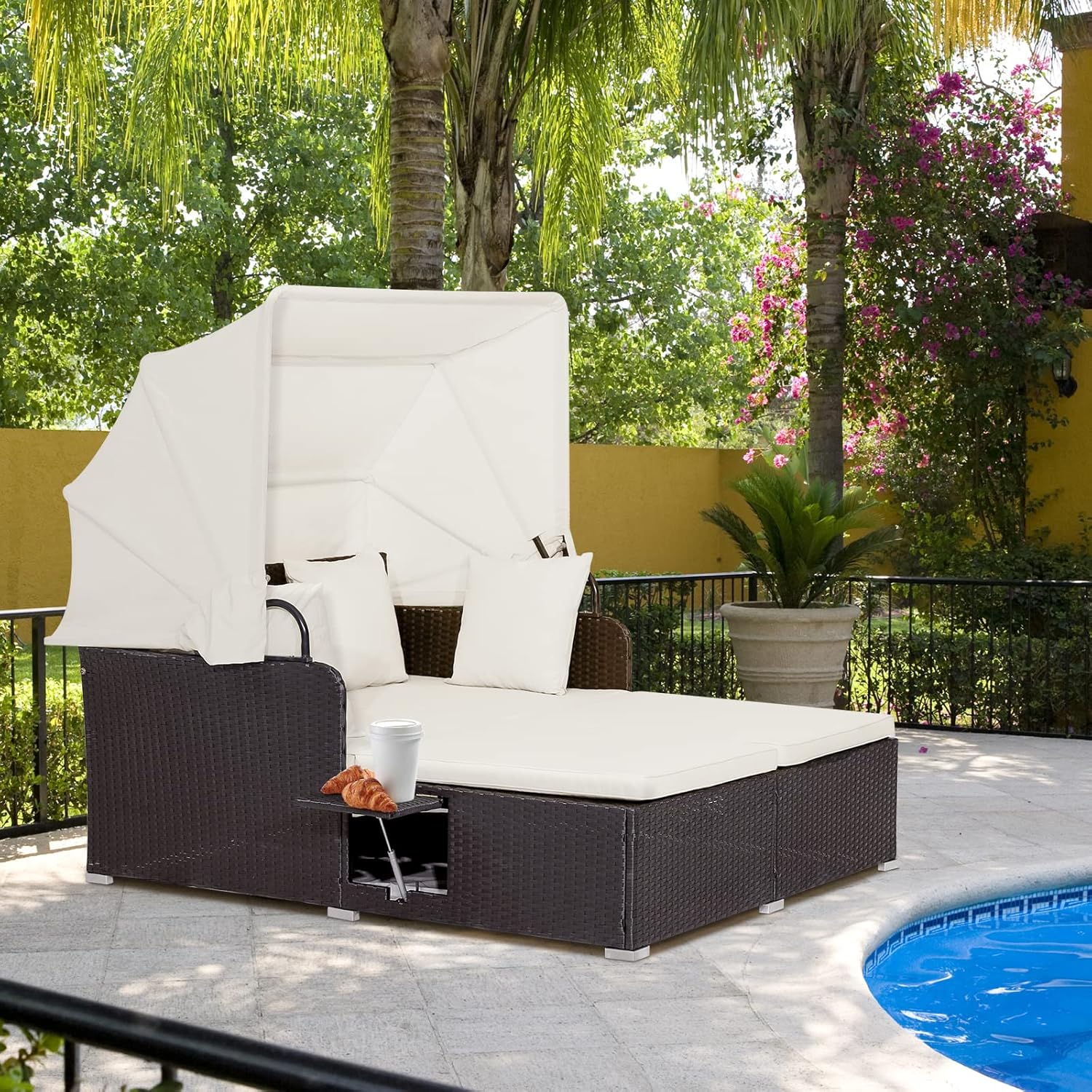 RELAX4LIFE Patio Outdoor Daybed Canopy Wicker Sunbed Cushions Lounge Bed Conversation