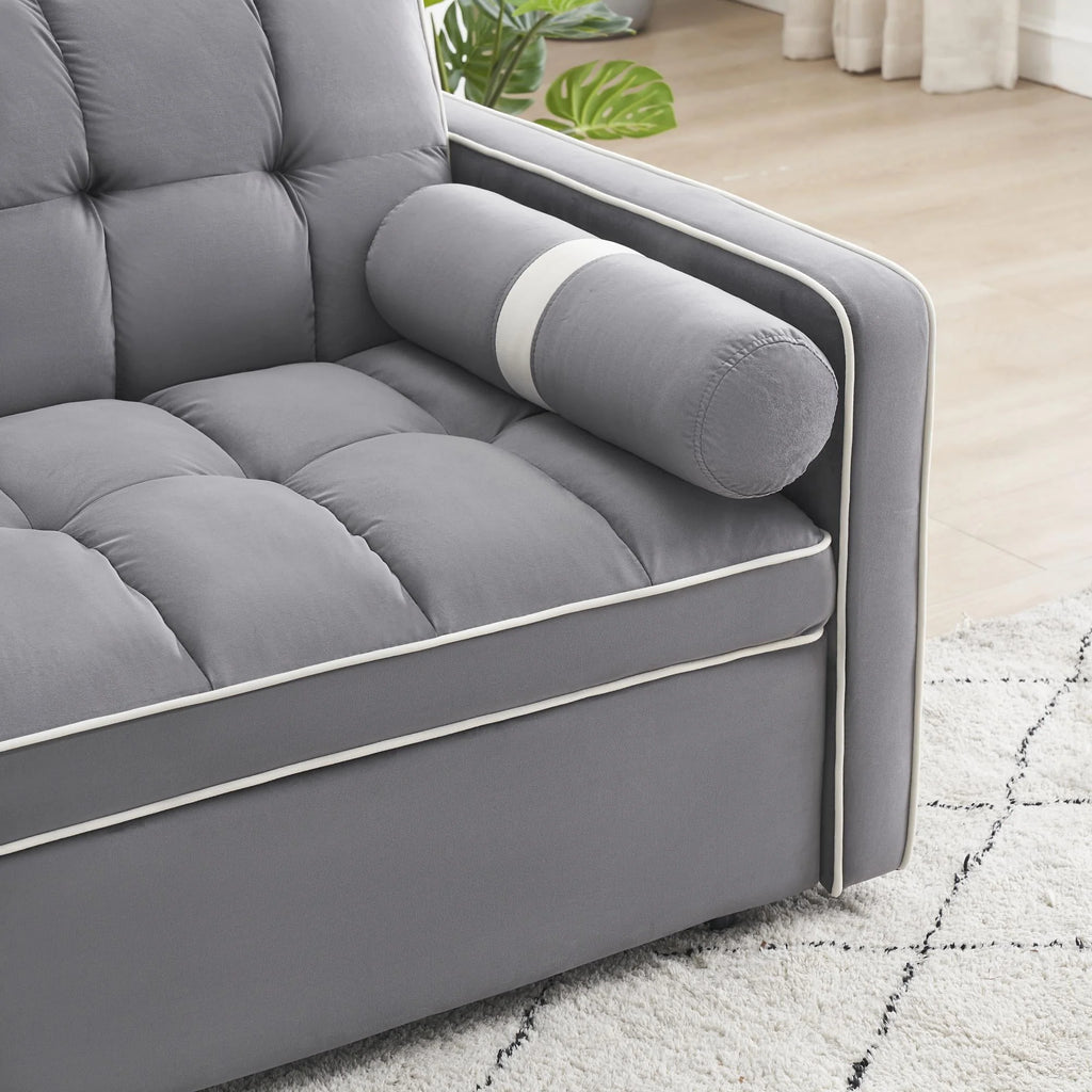 2025 3 in 1 Sleeper Sofa Couch Bed,Small Tufted Velvet Convertible Loveseat Futon Sofa w/Pullout Bed,Adjustable Backrest,Cylinder Pillows,Multi-Pockets,Phone Holder for Living Room Apartment,Grey,55.5"