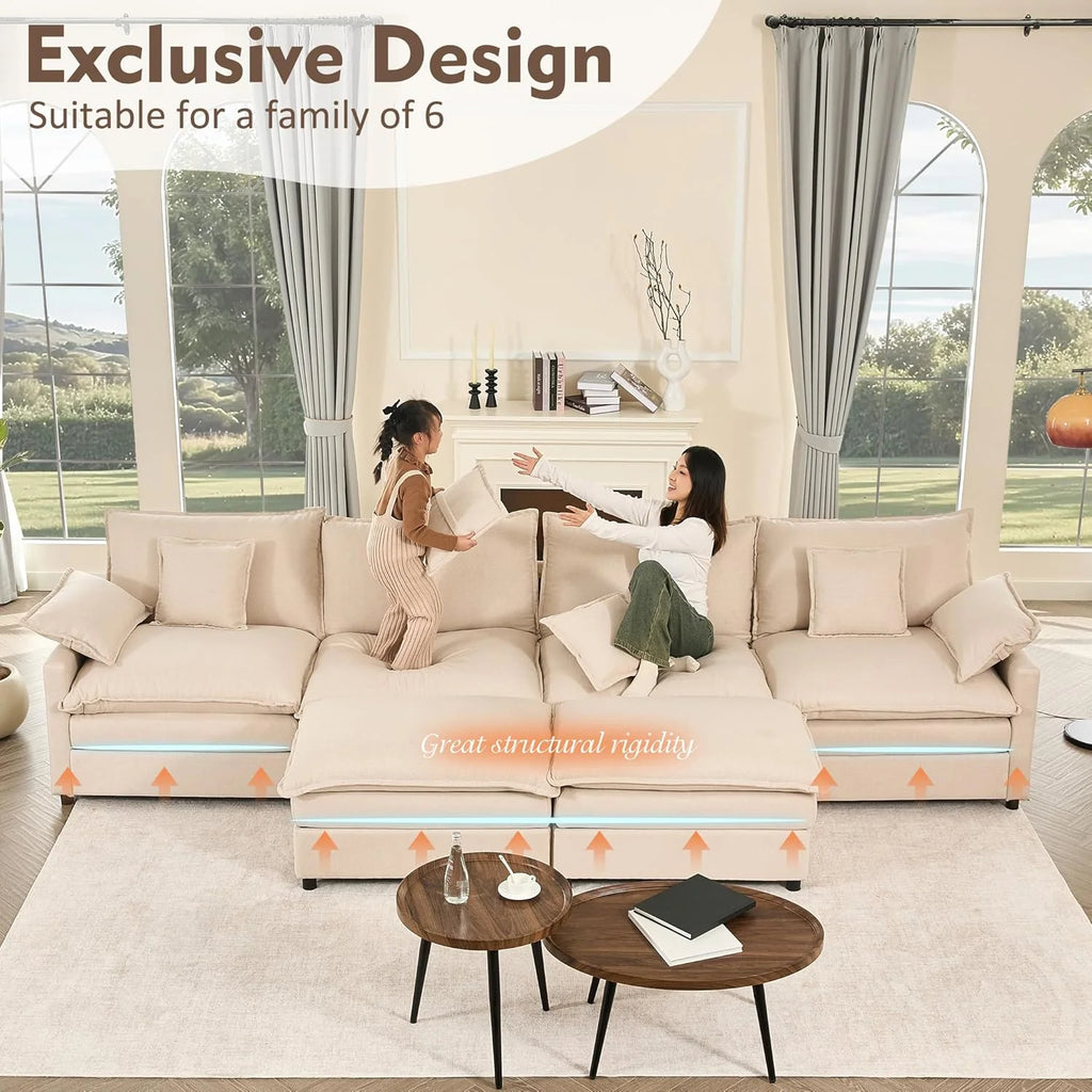 108" U Shaped Couch, Modular Sectional Sofa, 3-Seater Comfy Cloud Couch with Movable Ottoman, Deep Seat Couches for Living Room, Linen, Beige