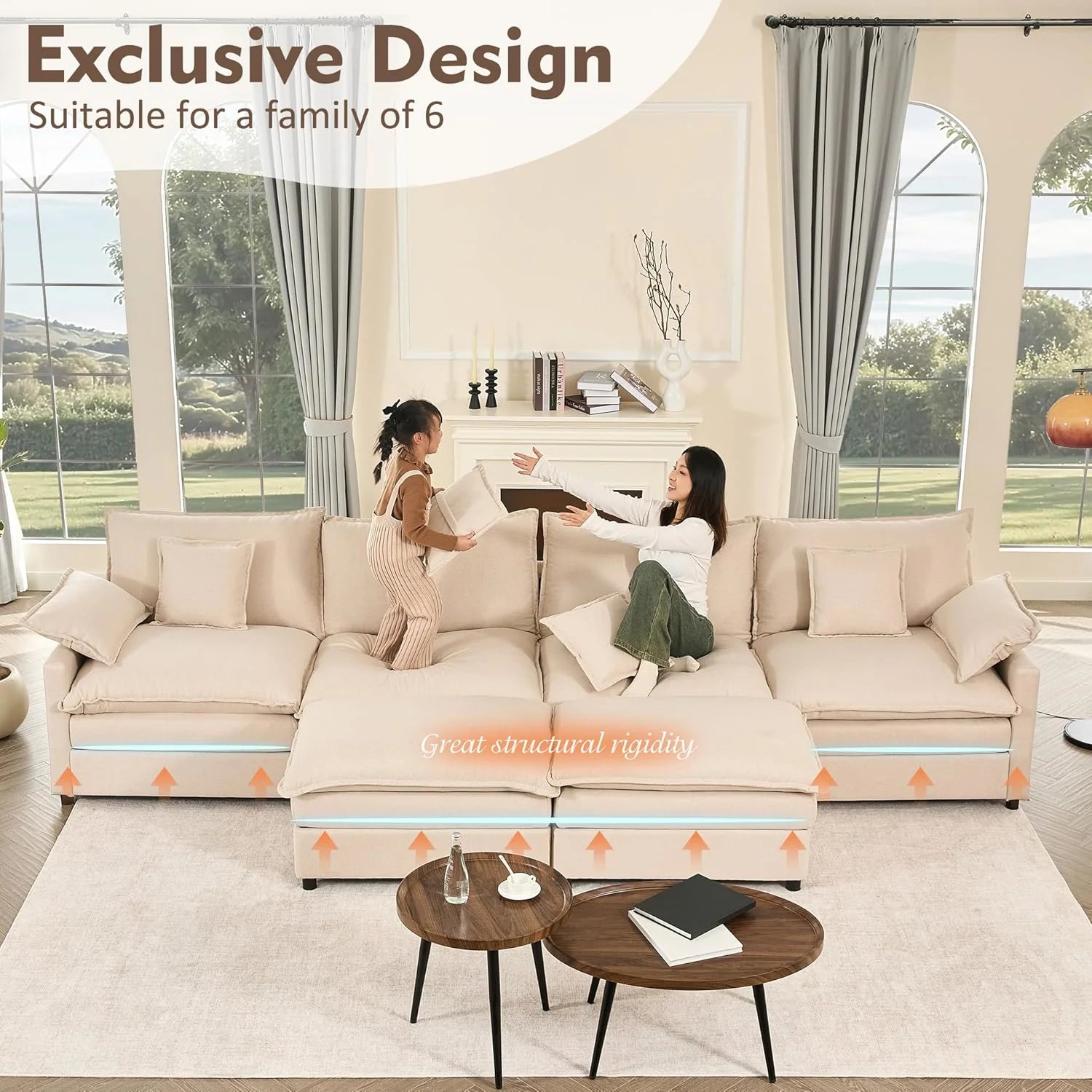 108" U Shaped Couch, Modular Sectional Sofa, 3-Seater Comfy Cloud Couch with Movable Ottoman, Deep Seat Couches for Living Room, Linen, Beige