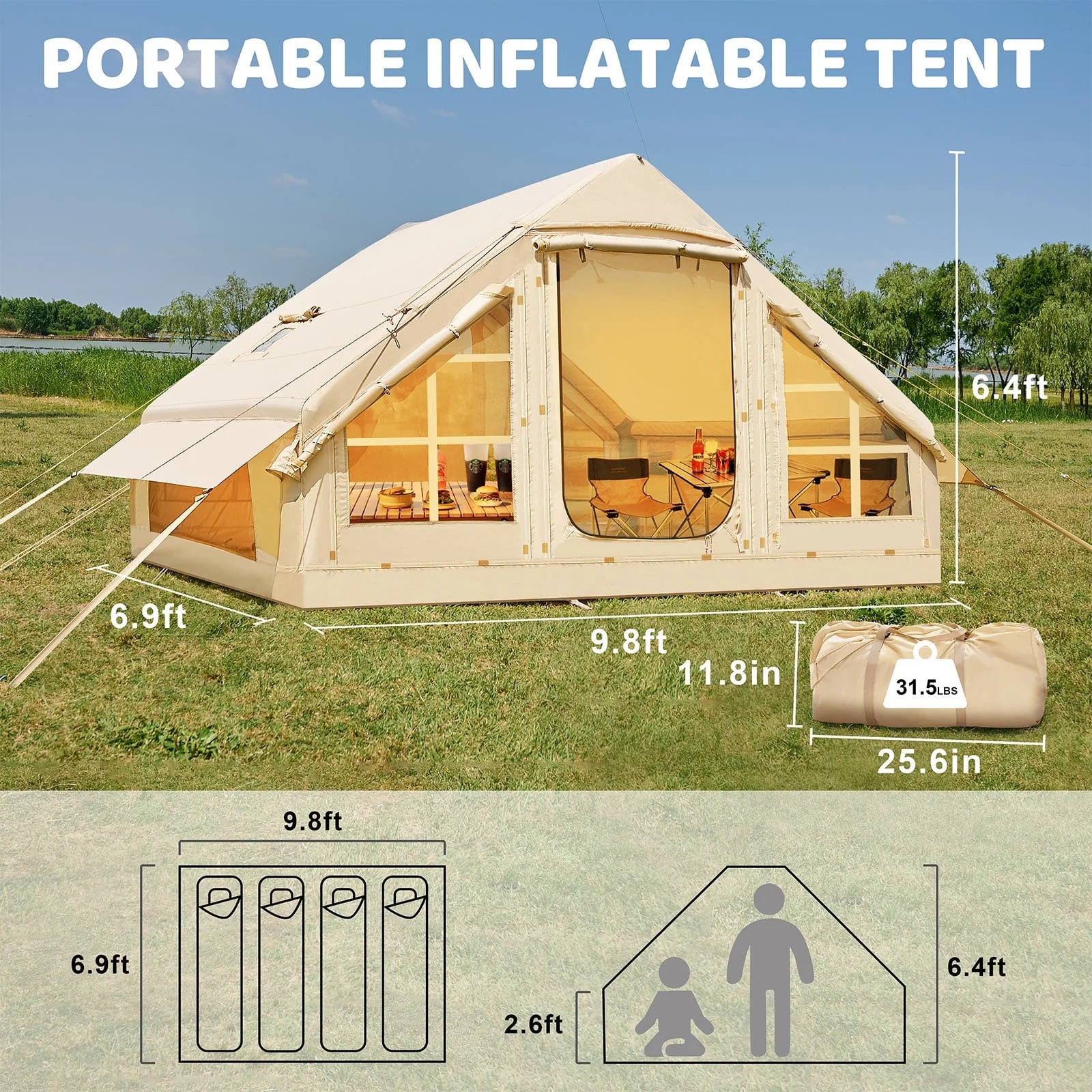 2025 6 Person Inflatable Camping Tent with Pump, 10ft x7ft Glamping Family Tent Easy Setup 4 Season Waterproof Windproof Outdoor Blow Up Tent Luxury Oxford Cabin with Mesh Windows & Doors sgtnighsdesigns