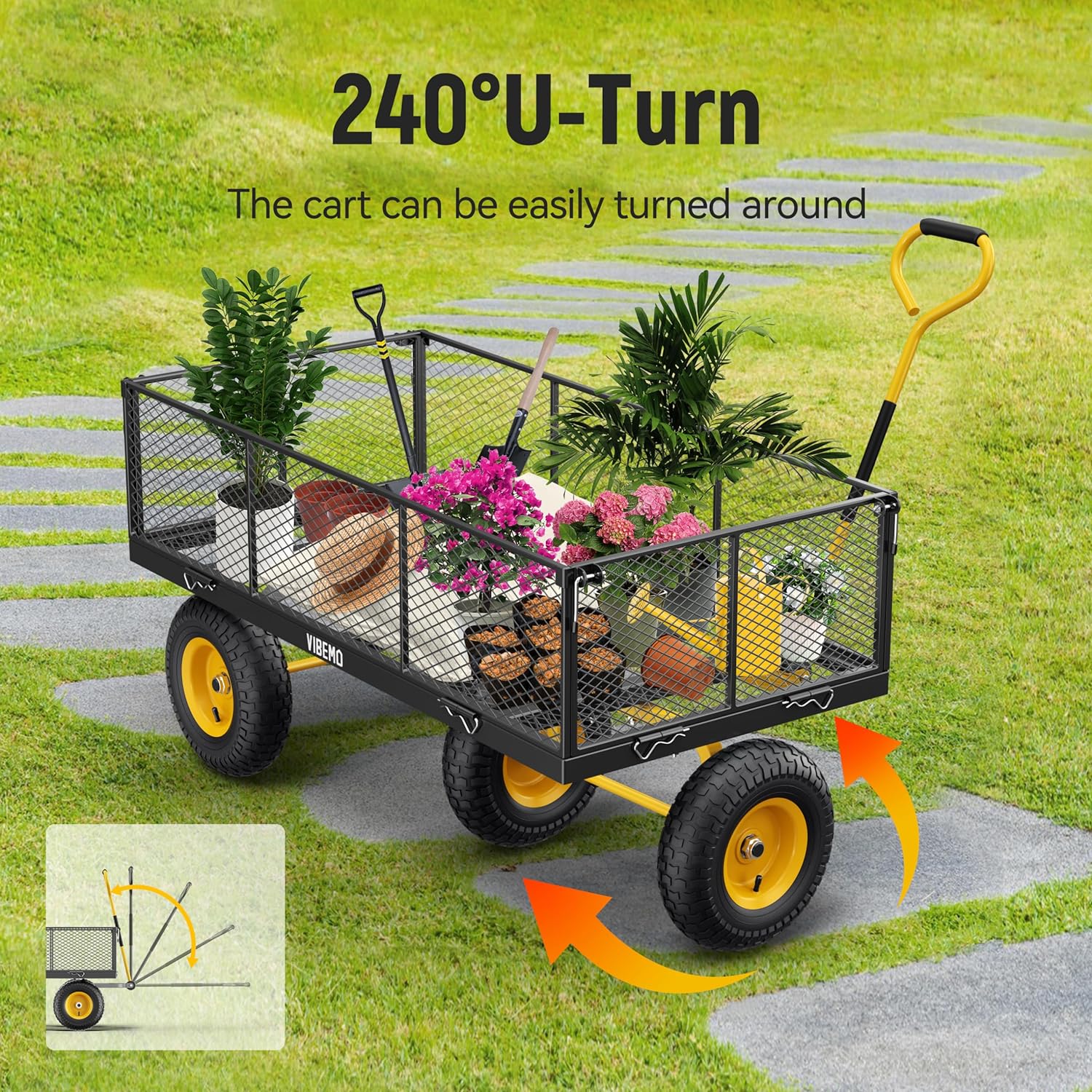 Steel Garden Cart 2-in-1 1400 lbs Heavy Duty Utility Wagon with Removable Mesh Sides to Convert into Flatbed 240?? U-Turn 13" Pneumatic Tires Garden Wagon for Farm Yard Lawn Garden Camping