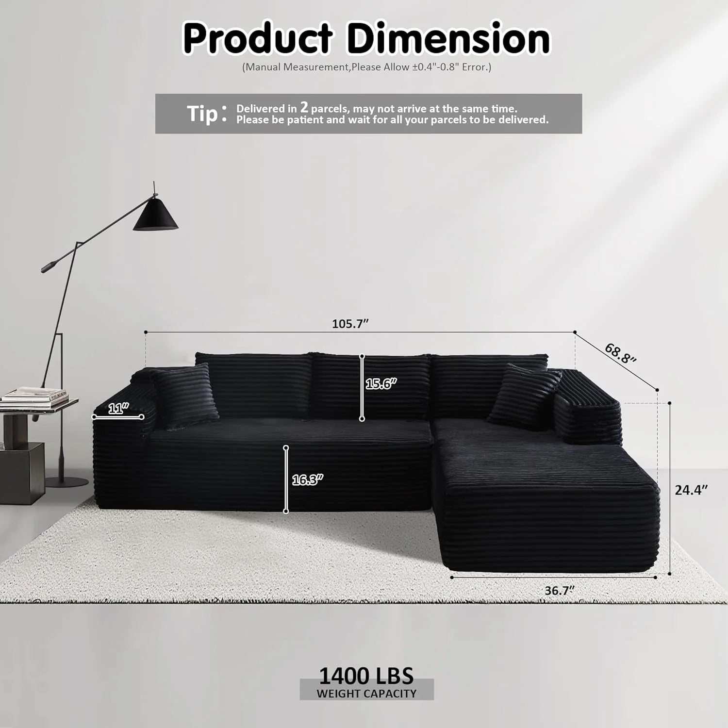 ovios 104" Cloud Sectional Couch with L-Shape Chaise,Modern Modular Sofa with Deep Seat, Upholstered Couches for Living Room Bedroom,No Assembly Required, Grey (Plush Corduroy Fabric)