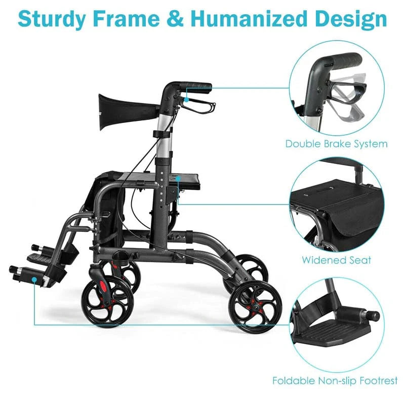 2 In 1 Rollator Walker Wheelchair Folding Medical Walker Aluminum Transport Chair Mobility Walking Aid - Comfortable And Ergonomic Design