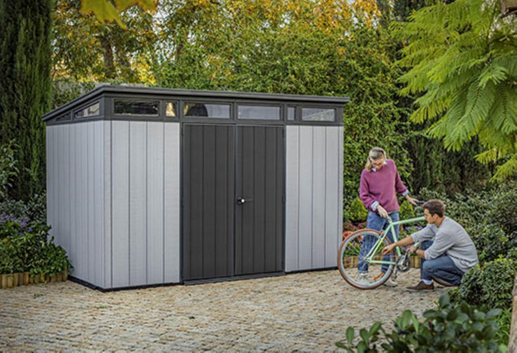 2025 Keter Artisan 11x7 Modern Resin Outdoor Storage Shed Kit-Perfect to Store Patio Furniture, Garden Tools Bike Accessories, Beach Chairs and Lawn Mower, Grey & Black