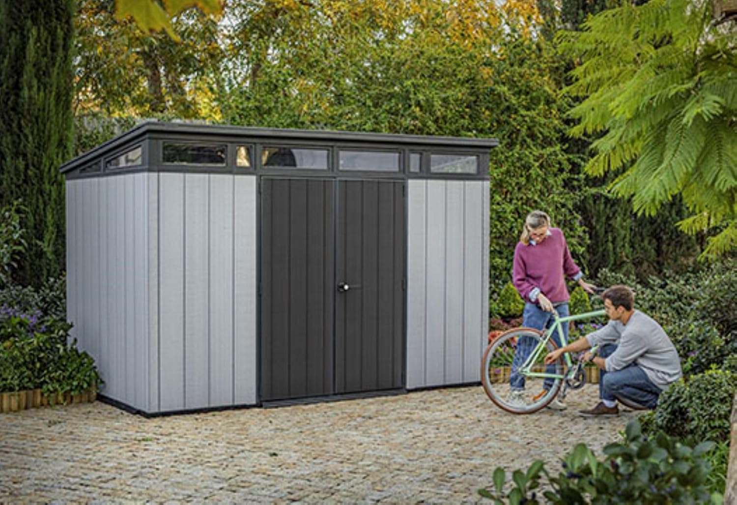 2025 Keter Artisan 11x7 Modern Resin Outdoor Storage Shed Kit-Perfect to Store Patio Furniture, Garden Tools Bike Accessories, Beach Chairs and Lawn Mower, Grey & Black
