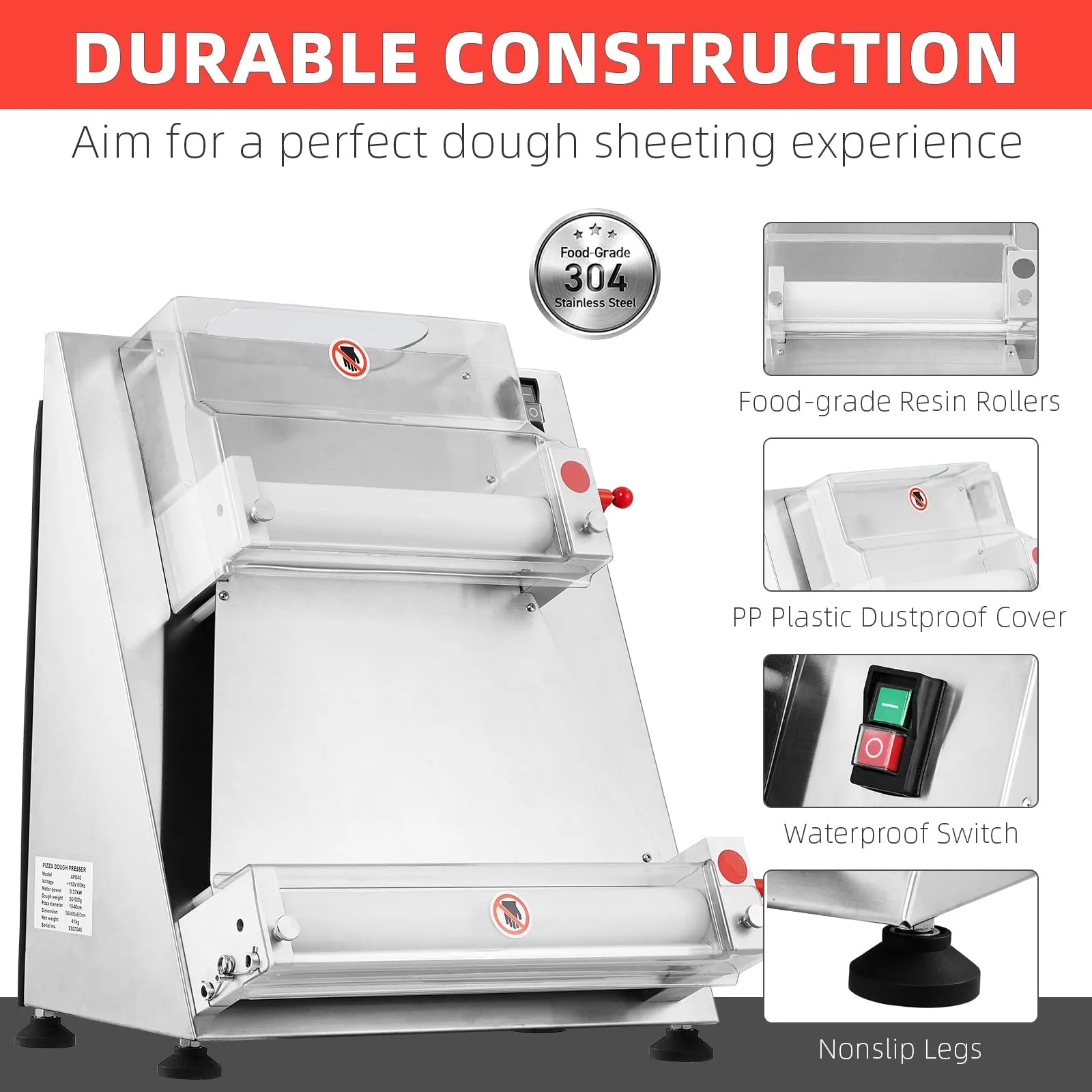 Commercial Pizza Dough Roller Sheeter, Max 16", Automatic 370W Electric Pizza Dough Roller, Stainless Steel, Suitable for Noodle, Pizza Bread and Pasta Maker Equipment