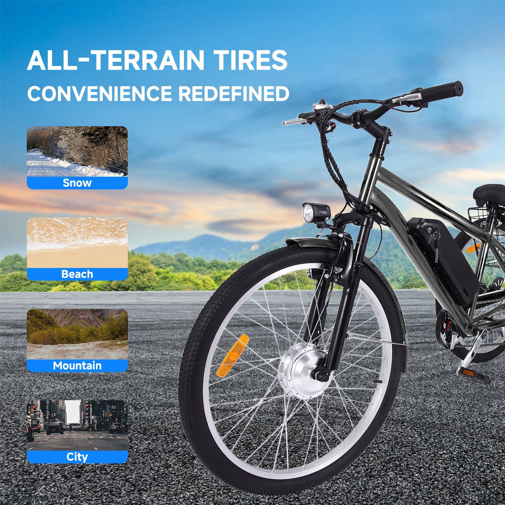 2025 26 Inch Adult 3 Wheel Electric Tricycle with Basket, Fat Tires,7 Speeds,350W Powerful Motor, 36V 10Ah Removable Battery Dark Gray