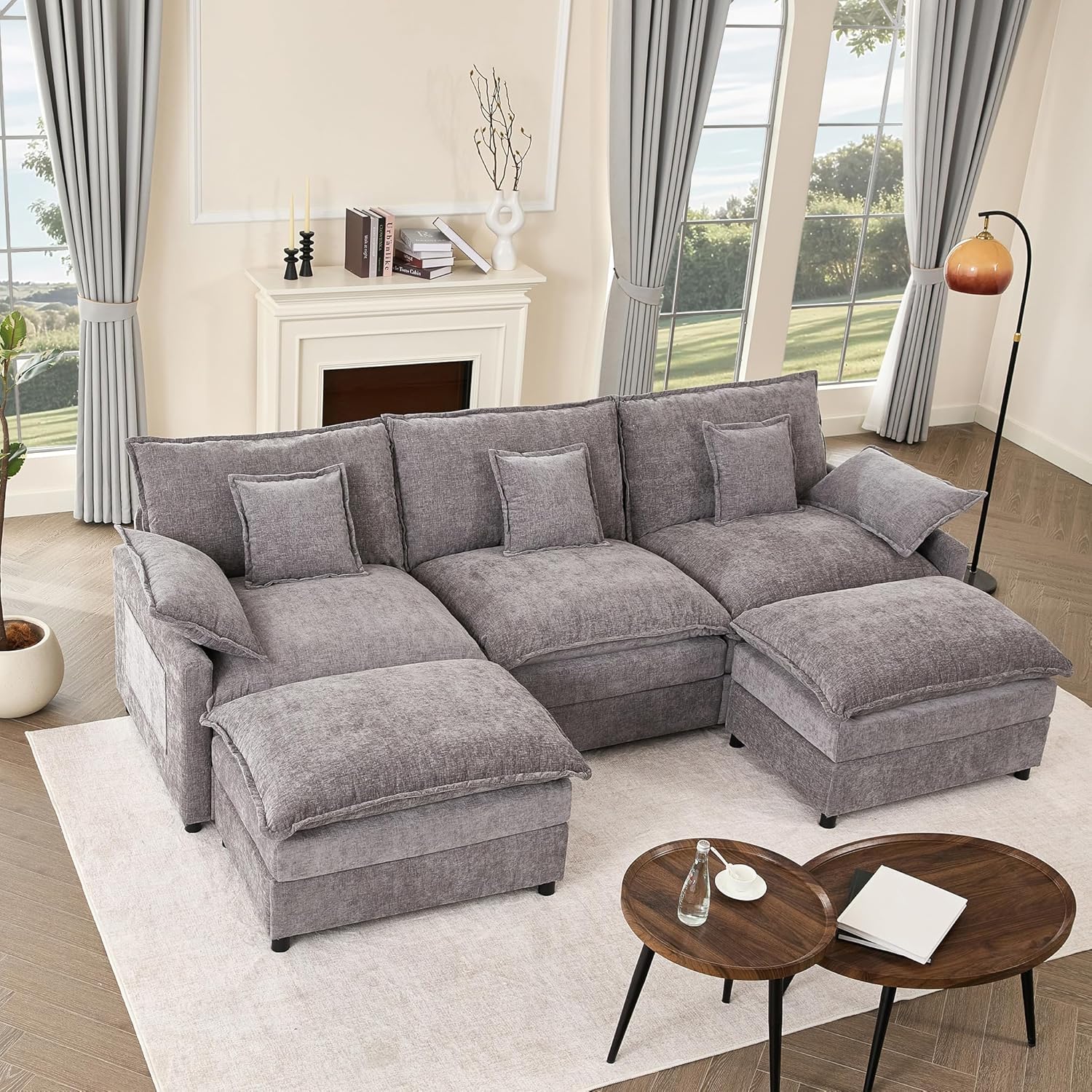 108" U Shaped Couch, Modular Sectional Sofa, 3-Seater Comfy Cloud Couch with Movable Ottoman, Deep Seat Couches for Living Room, Linen, Beige