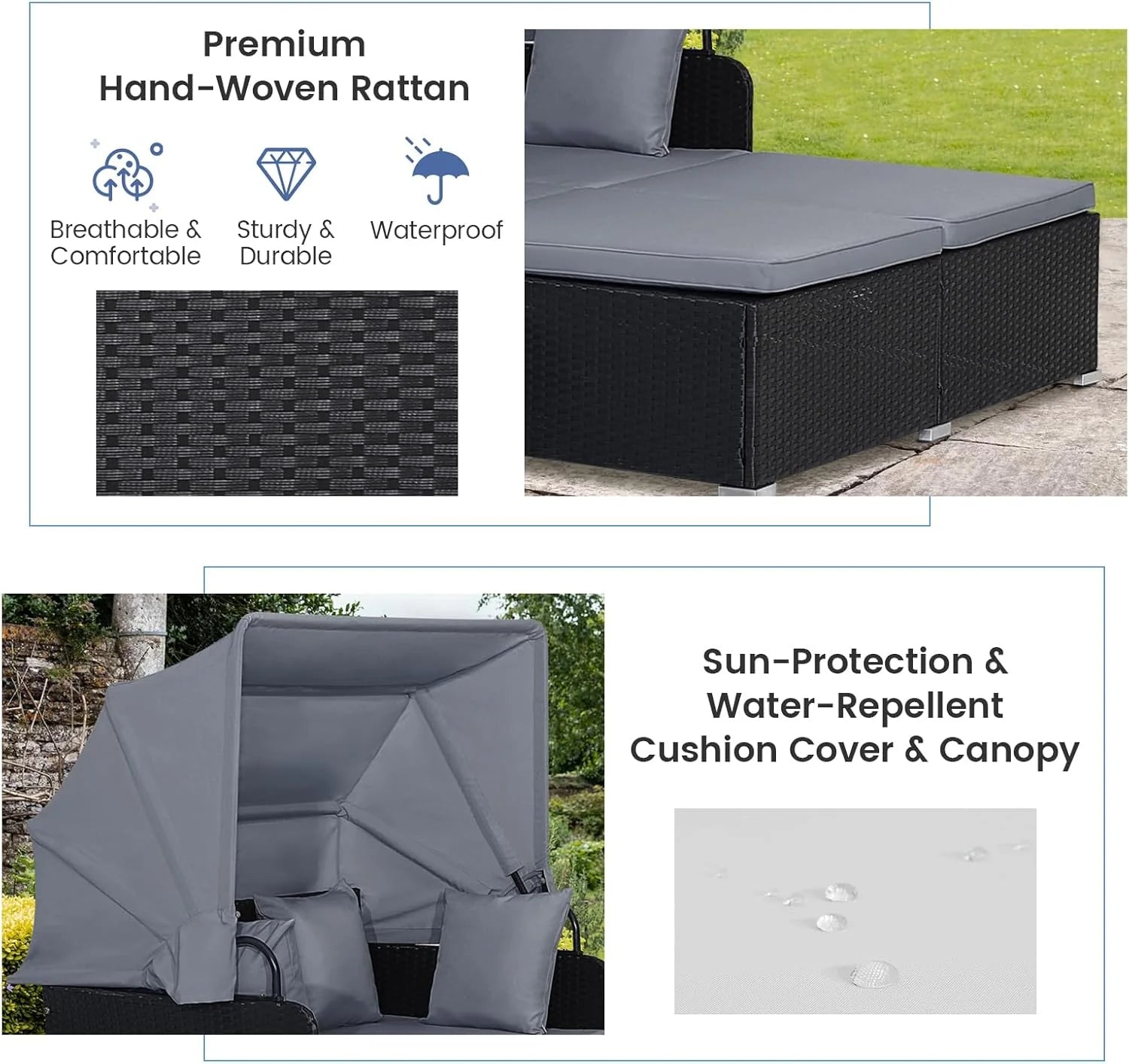 RELAX4LIFE Patio Outdoor Daybed Canopy Wicker Sunbed Cushions Lounge Bed Conversation