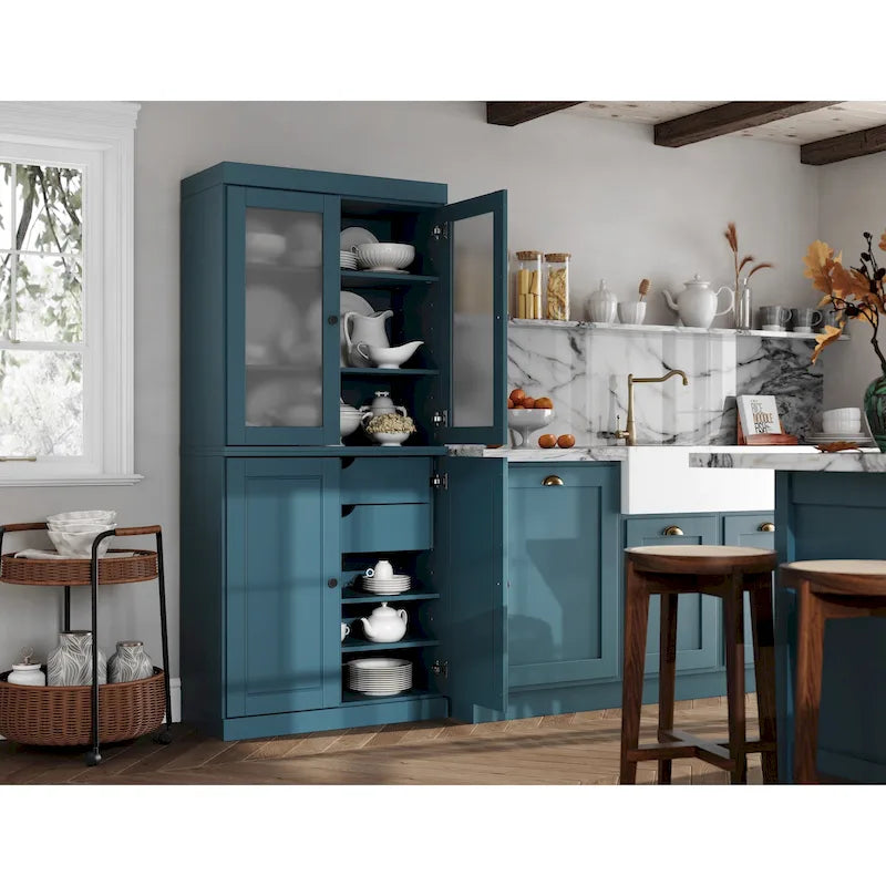 100% Solid Wood Pantry Cabinet with Frosted Glass Doors, Solid Doors, 2-Drawers and Adjustable Shelves