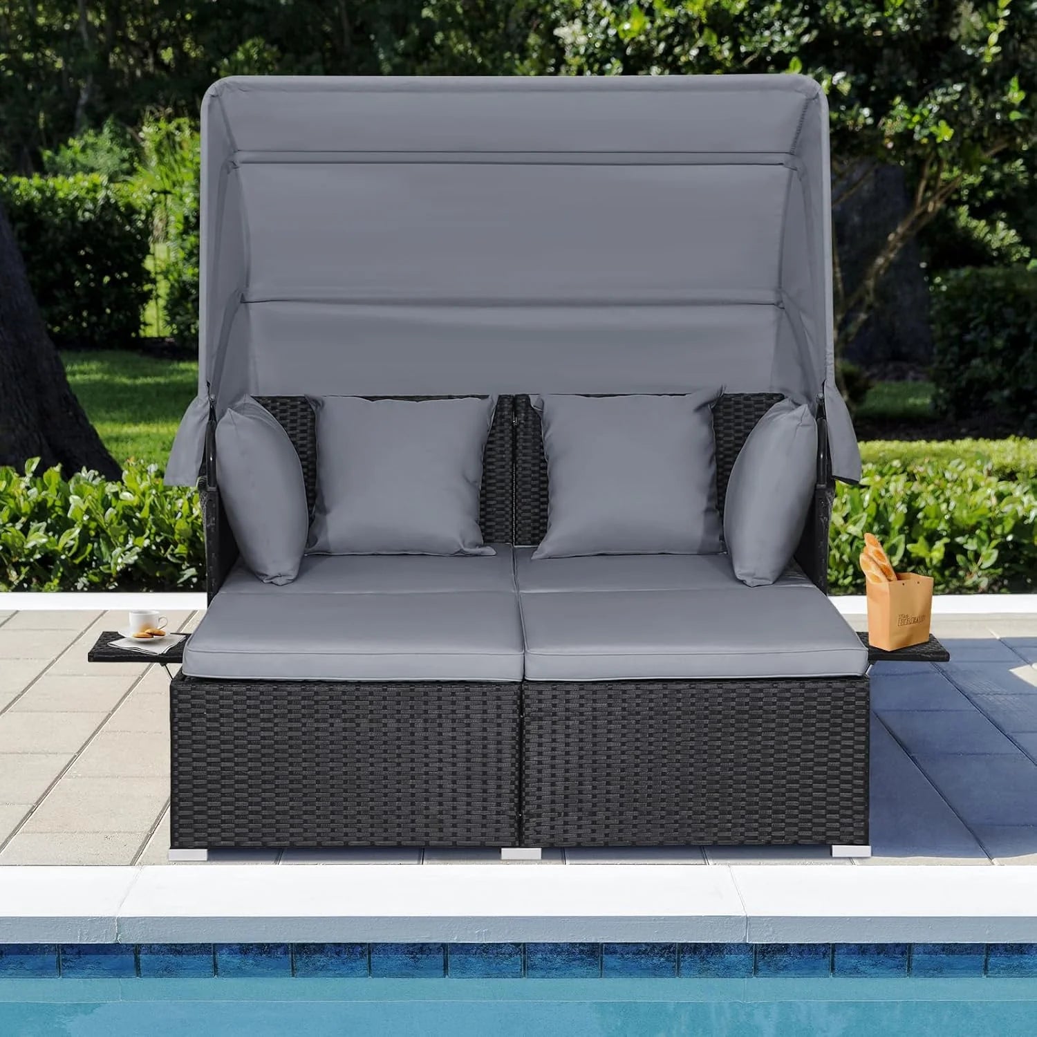 RELAX4LIFE Patio Outdoor Daybed Canopy Wicker Sunbed Cushions Lounge Bed Conversation