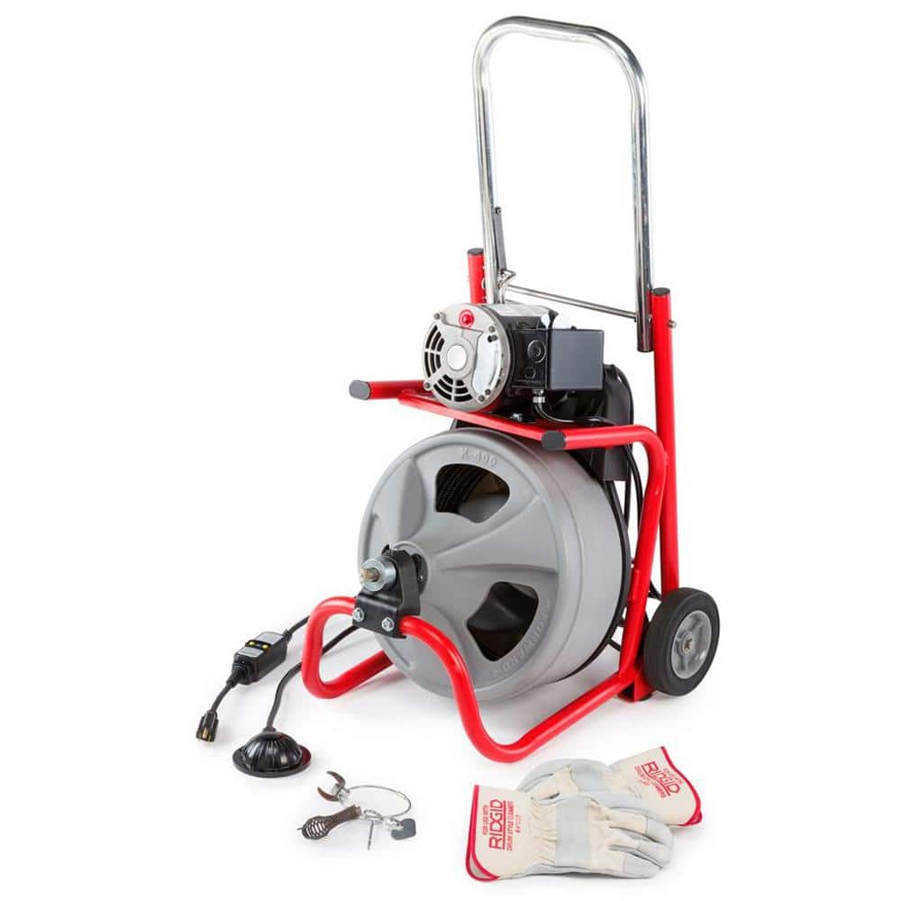 K 400 Drain Cleaning Snake Auger 120 Volt Drum Machine with C 32IW 3/8 in. x 75 ft. Cable   4 Piece Tool Set &amp; Gloves 52363