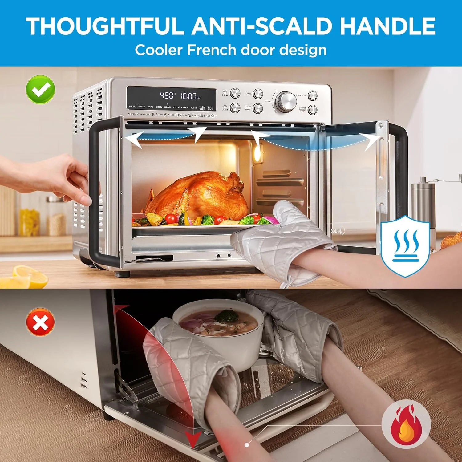 Flexify French Door Toaster Oven Air Fryer Combo, 26.4 QT, Extra Large Air Fryer Countertop Oven 10-in-1 Combo, 25% Faster Cooking and 90% Less Oil, Stainless Steel