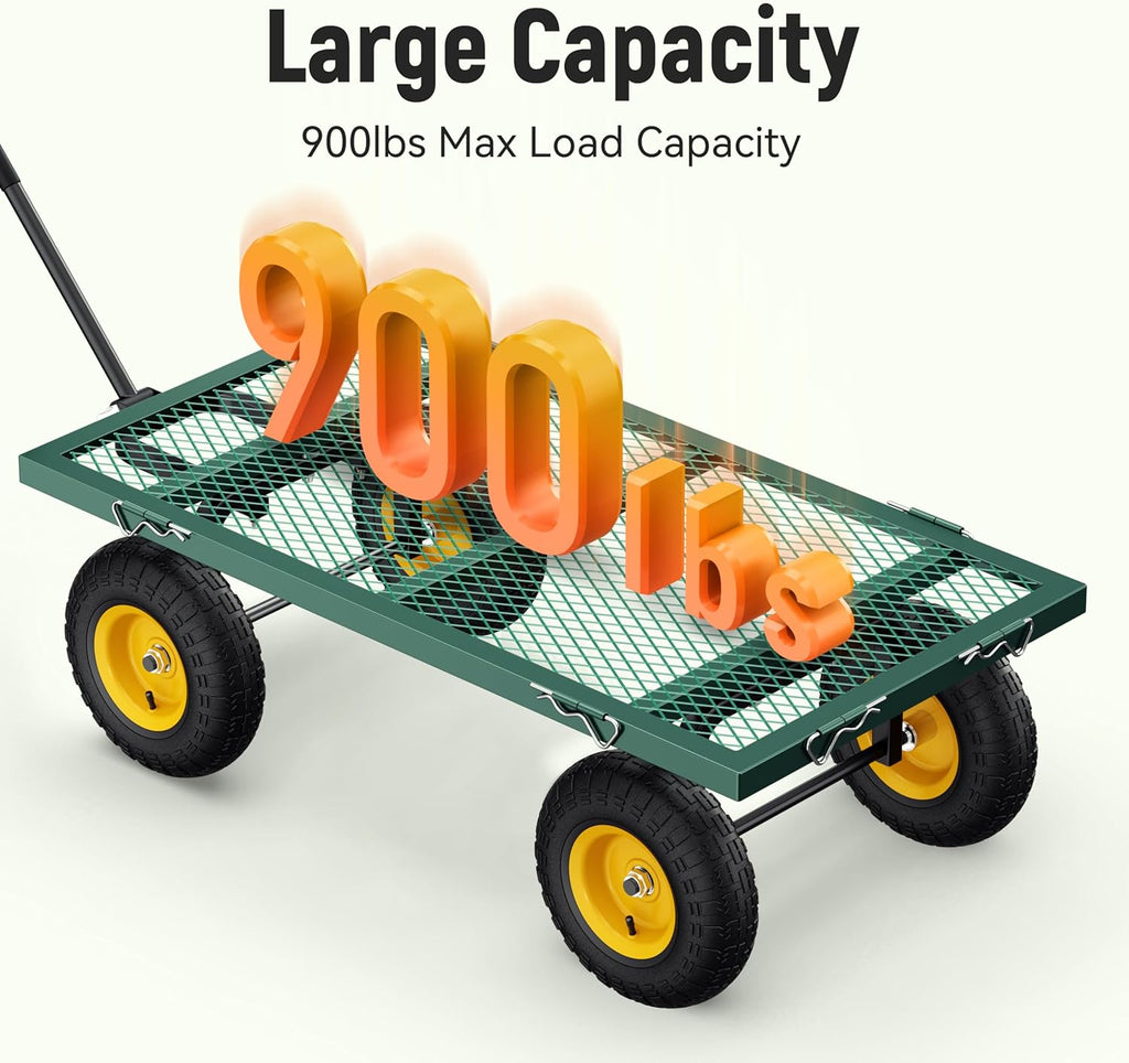 Steel Garden Cart 2-in-1 1400 lbs Heavy Duty Utility Wagon with Removable Mesh Sides to Convert into Flatbed 240?? U-Turn 13" Pneumatic Tires Garden Wagon for Farm Yard Lawn Garden Camping