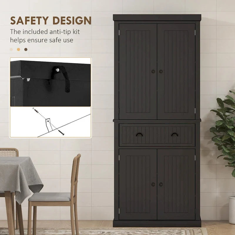 72  Kitchen Pantry Storage Cabinet, Traditional Freestanding Cabinet with 4 Doors and 3 Adjustable Shelves, Large Central Drawer