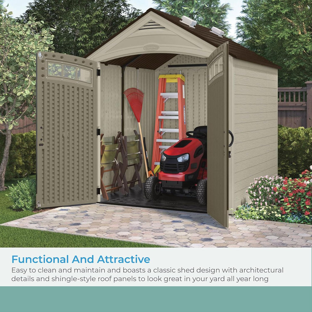2025 Suncast Vista 7x7 Storage Shed with Multi-Wall Resin Panels, 4 Skylights, IllumiVent System, and Pad-Lockable Doors, 84" D x 84" W x 98" H, Made in The USA