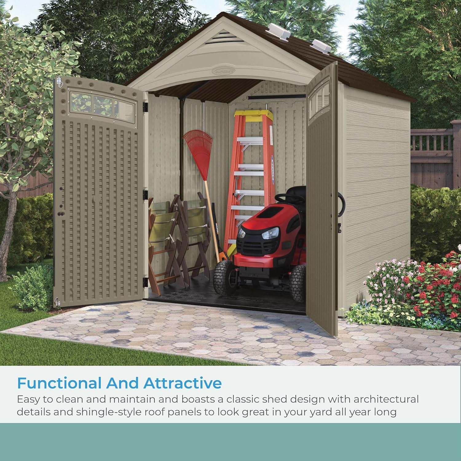 2025 Suncast Vista 7x7 Storage Shed with Multi-Wall Resin Panels, 4 Skylights, IllumiVent System, and Pad-Lockable Doors, 84" D x 84" W x 98" H, Made in The USA