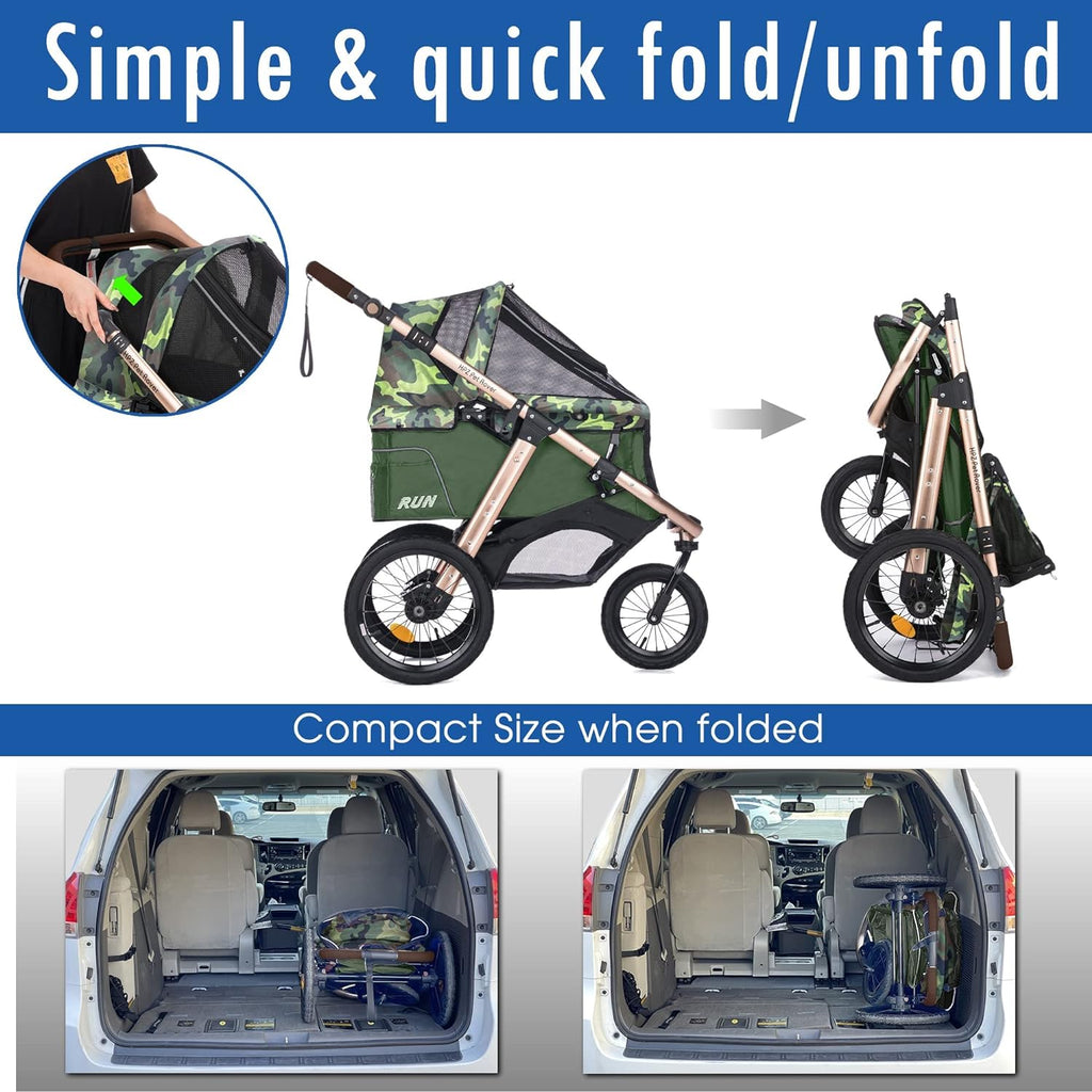 Jogging Sports Stroller with Comfort Rubber Wheels/Zipper-Less Entry/1-Hand Quick Fold/Aluminum Frame for Small/Medium Dogs Cats and Pets (Green Camo)