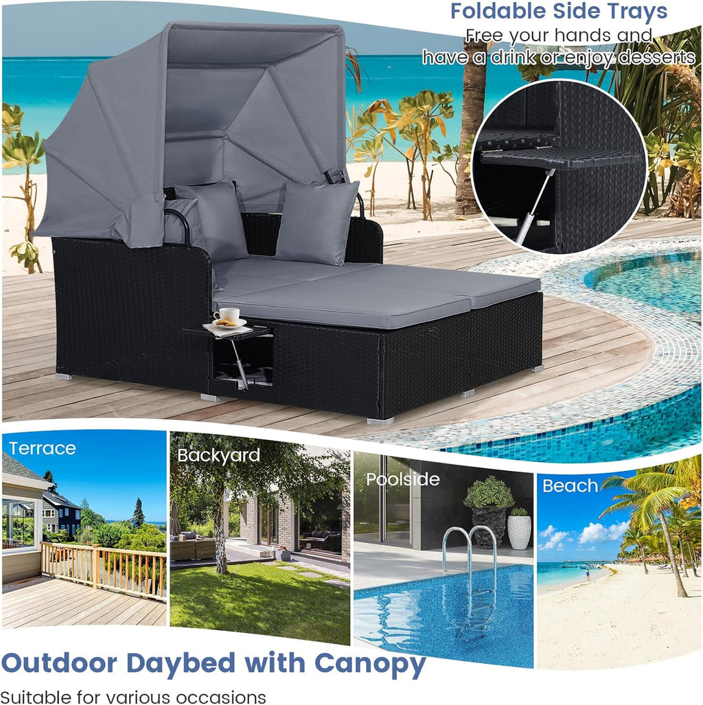 RELAX4LIFE Patio Outdoor Daybed Canopy Wicker Sunbed Cushions Lounge Bed Conversation