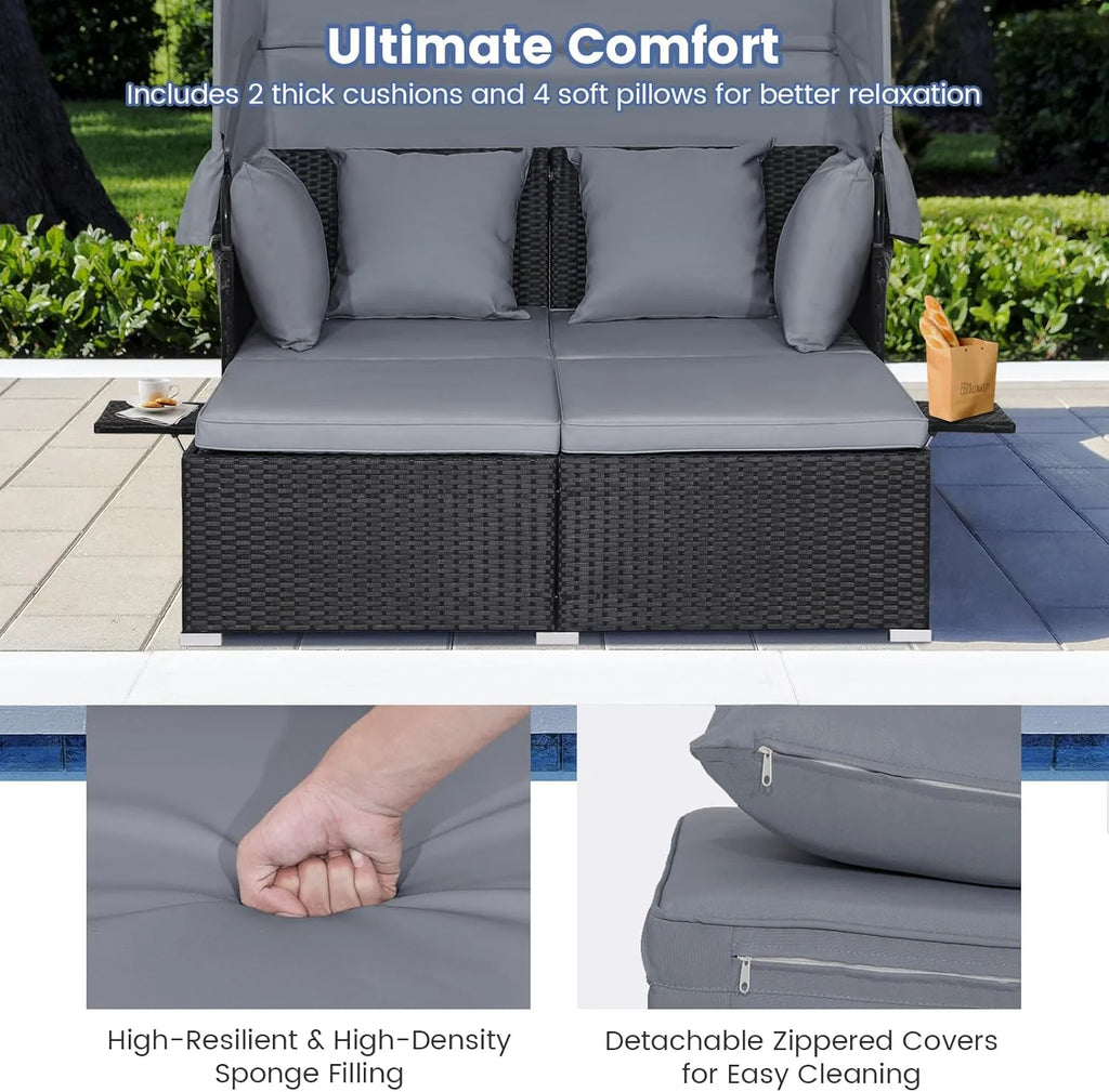 RELAX4LIFE Patio Outdoor Daybed Canopy Wicker Sunbed Cushions Lounge Bed Conversation