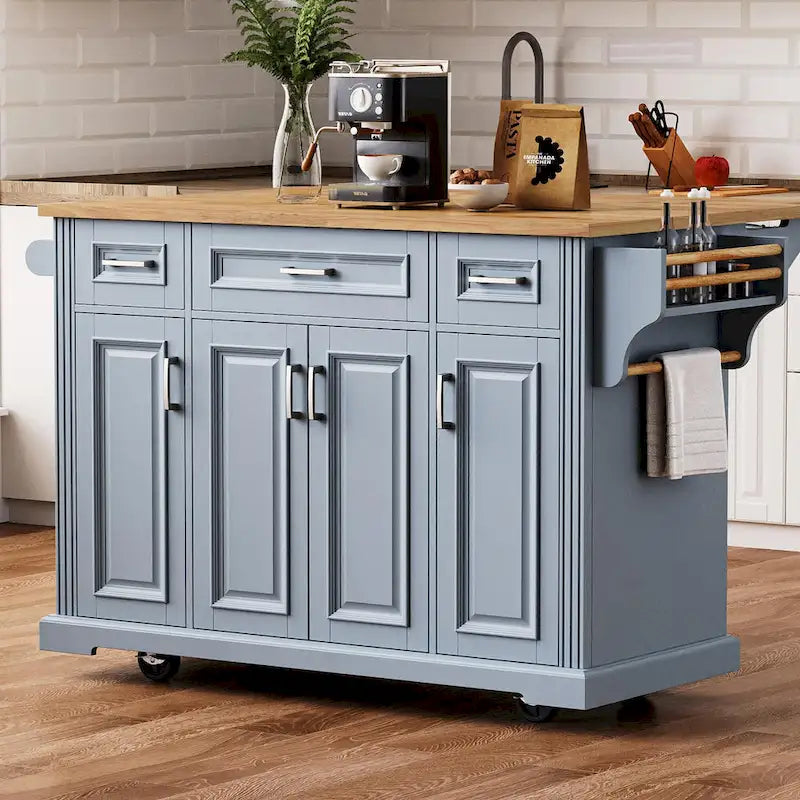 54 Large Kitchen Island with Rubber Wood Drop Leaf, Embossed Texture Rolling Kitchen Cart on 4 Wheels with 4 Doors & 3 Drawers