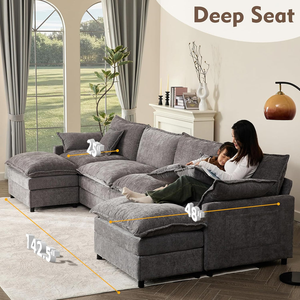 108" U Shaped Couch, Modular Sectional Sofa, 3-Seater Comfy Cloud Couch with Movable Ottoman, Deep Seat Couches for Living Room, Linen, Beige