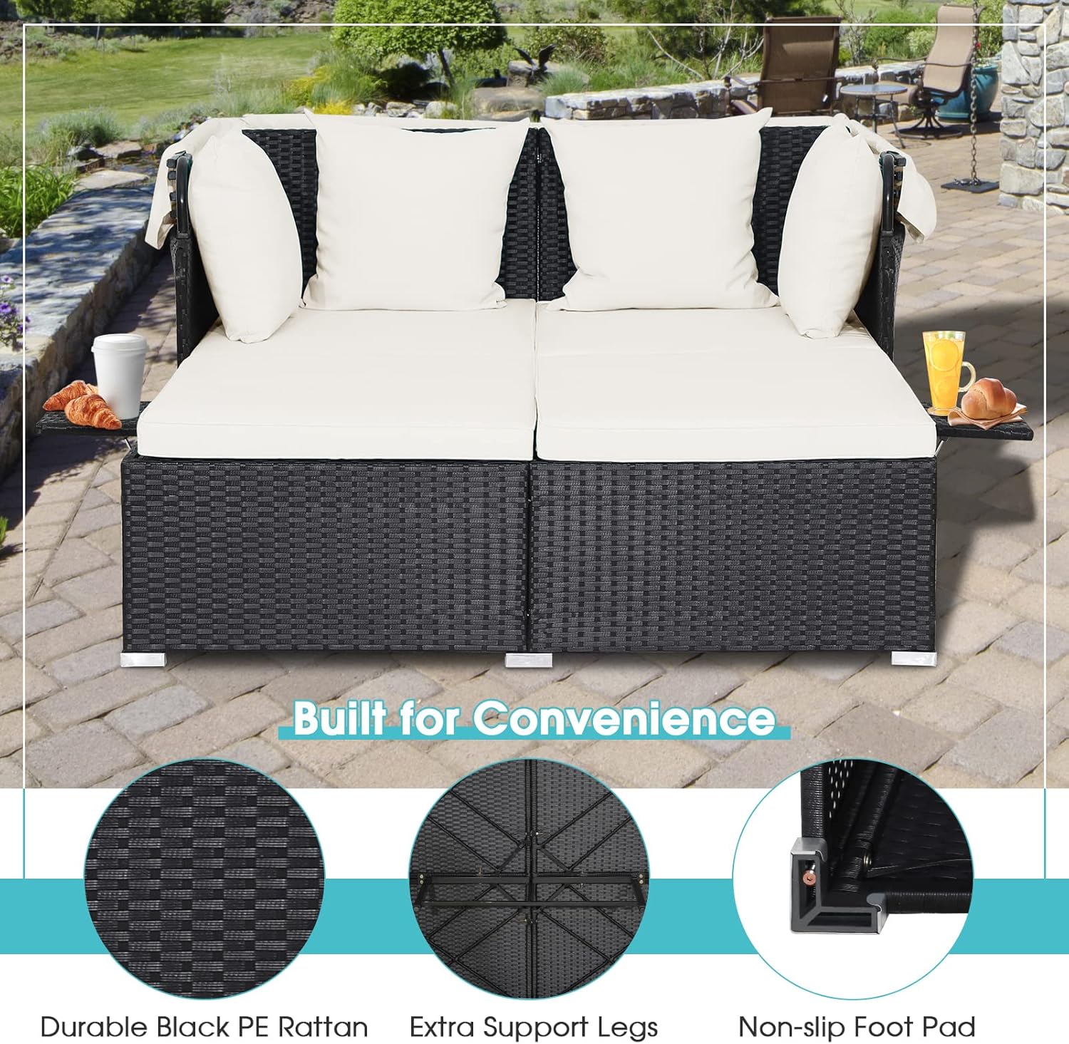 RELAX4LIFE Patio Outdoor Daybed Canopy Wicker Sunbed Cushions Lounge Bed Conversation