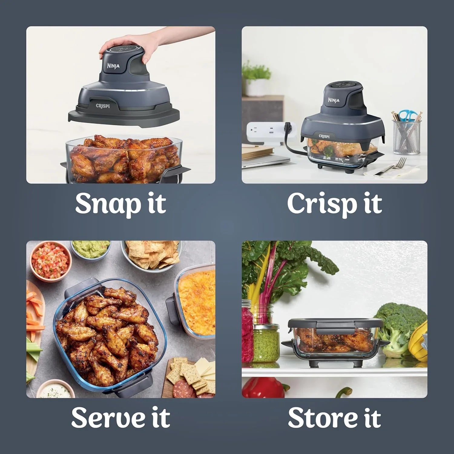 Ninja Crispi 4 in 1 Portable Glass Air Fryer Cooking System 4QT 6 Cup TempWare Glass Containers
