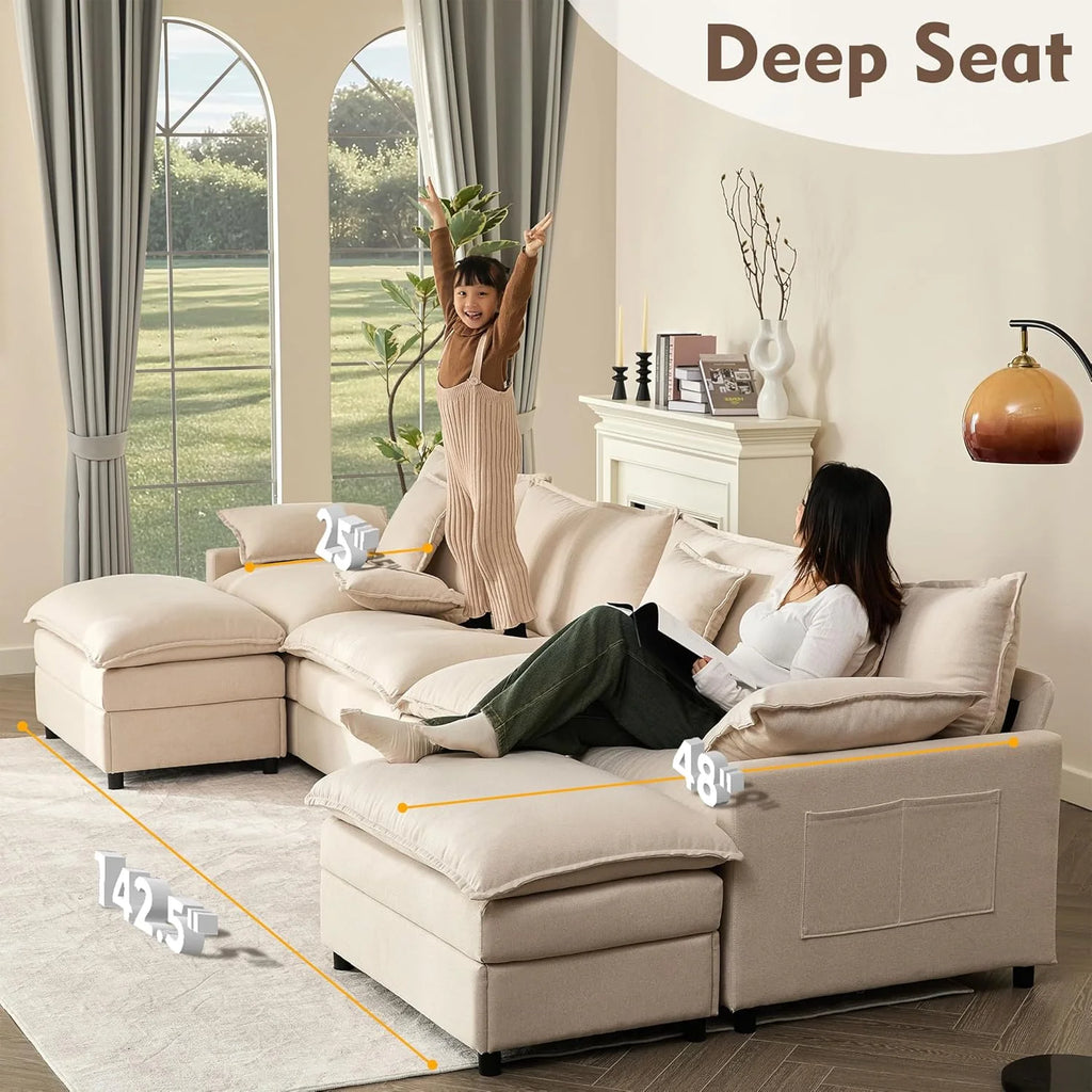 108" U Shaped Couch, Modular Sectional Sofa, 3-Seater Comfy Cloud Couch with Movable Ottoman, Deep Seat Couches for Living Room, Linen, Beige