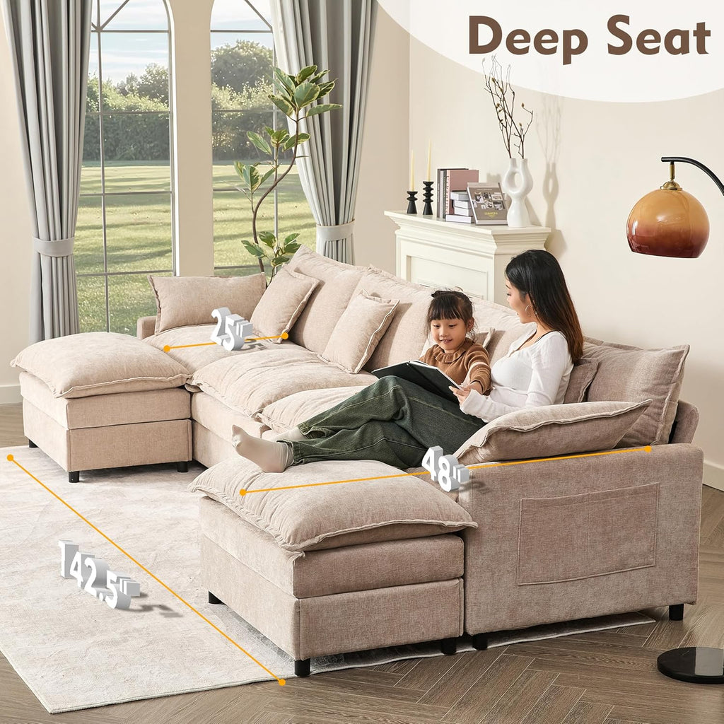 108" U Shaped Couch, Modular Sectional Sofa, 3-Seater Comfy Cloud Couch with Movable Ottoman, Deep Seat Couches for Living Room, Linen, Beige