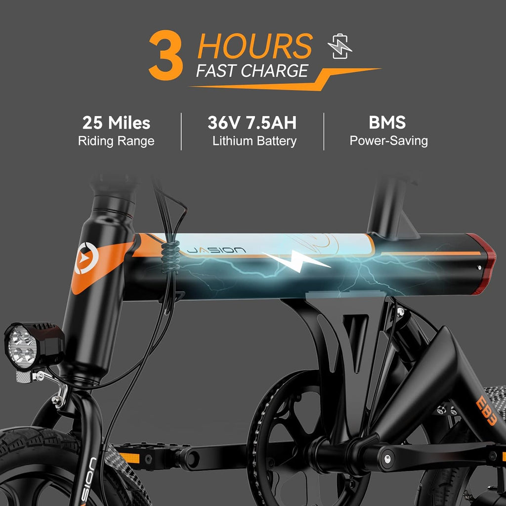 Jasion EB3 Electric Bike Adults 21mph, 500W Peak Motor, 270Wh Battery, Rear Suspension, 3 Levels Assist, 14&prime;&prime; Folding Ebike for Adults and Teens, Complies to UL2849