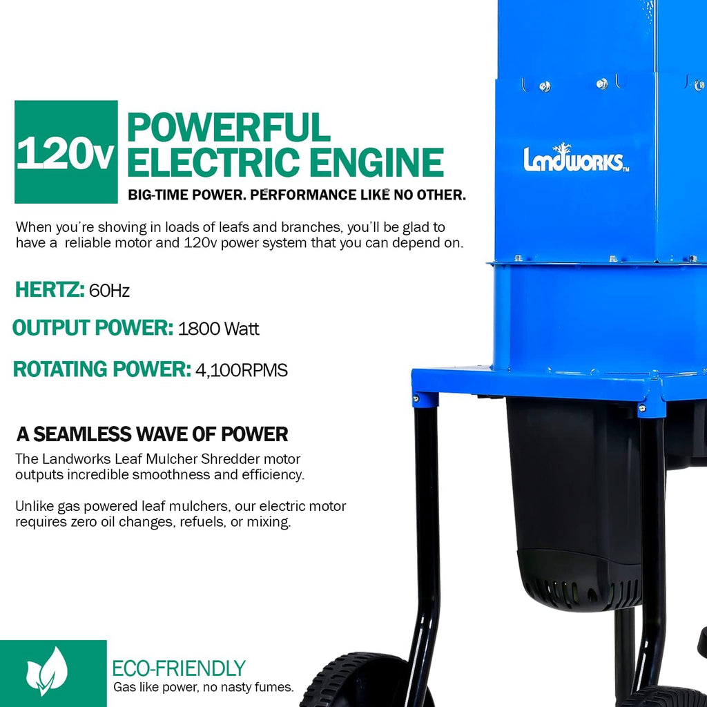 2025 Landworks Leaf Mulcher Shredder Electric Green and Waste Management Heavy Duty 120V AC 11" Inch Cutting Blade .5" Inch Cutting Capacity for Leaves, Grass, & Clippings