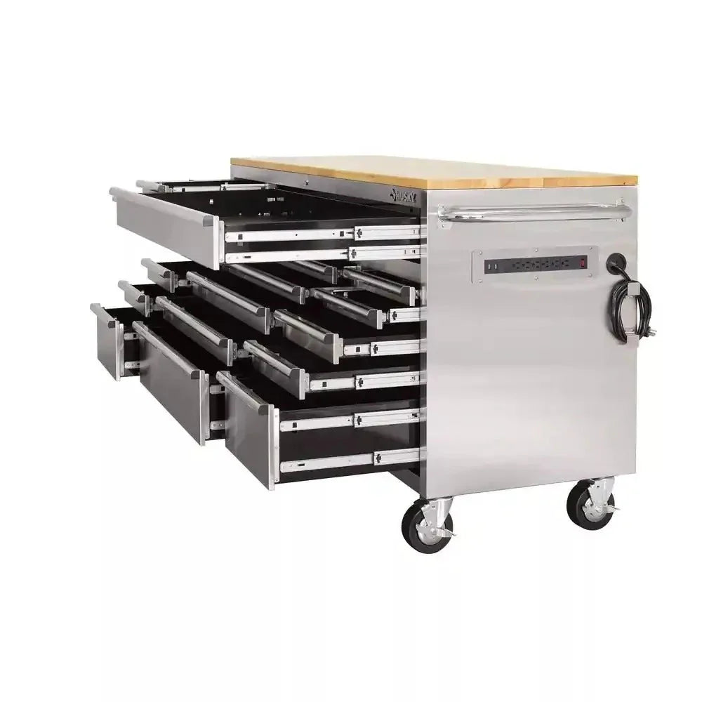 2025 72 in. 18-Drawer 24 in. D Mobile Workbench with Solid Wood Top Stainless Steel