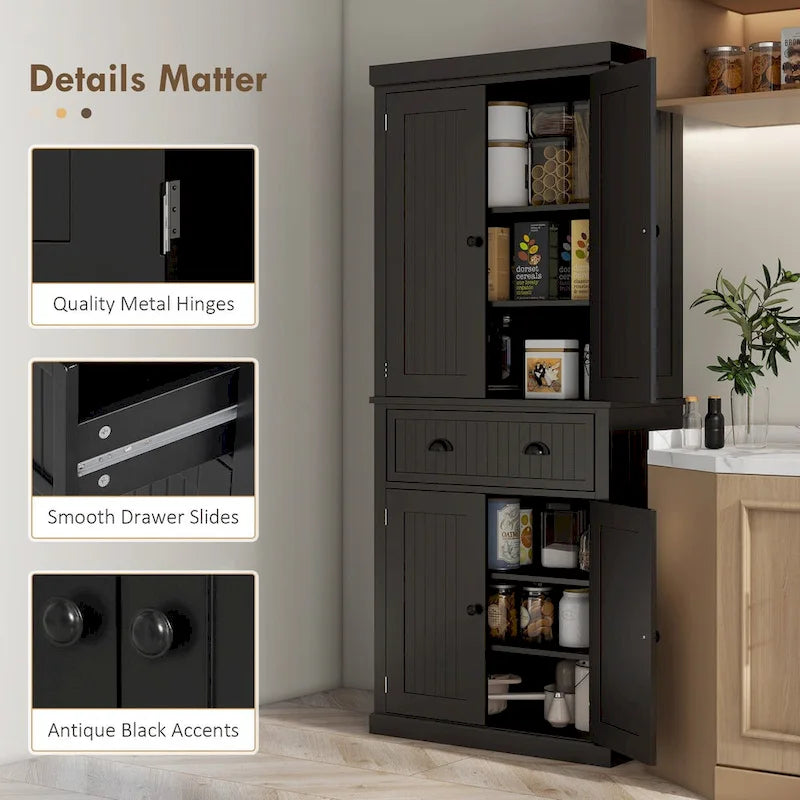 72  Kitchen Pantry Storage Cabinet, Traditional Freestanding Cabinet with 4 Doors and 3 Adjustable Shelves, Large Central Drawer