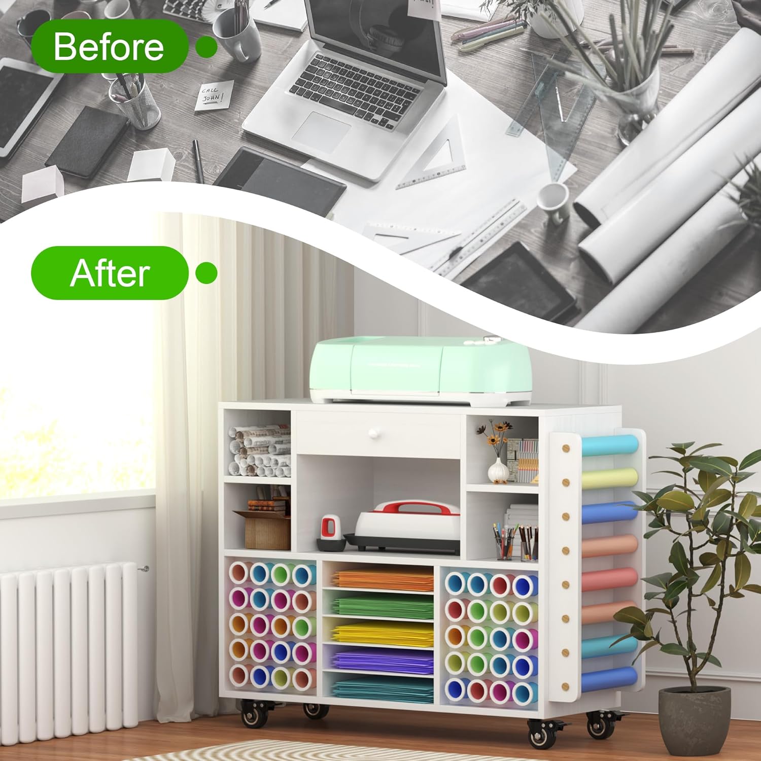 2025 Craft organization and storage Cart Compatible with Cricut Machine, Rolling Craft Organizer With large drawer & 48 Vinyl Roll Holder, Crafting Cabinet Table Workstation for Craft Room Home