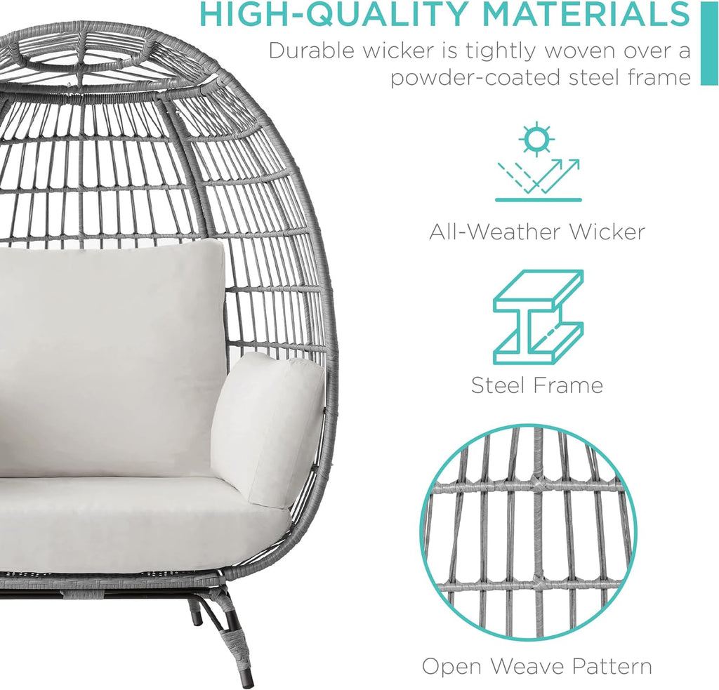 Best Choice Products Wicker Egg Chair Oversized Indoor Outdoor Lounger for Patio Backyard Living Room w/ 4 Cushions Steel Frame 440lb Capacity - Ivory