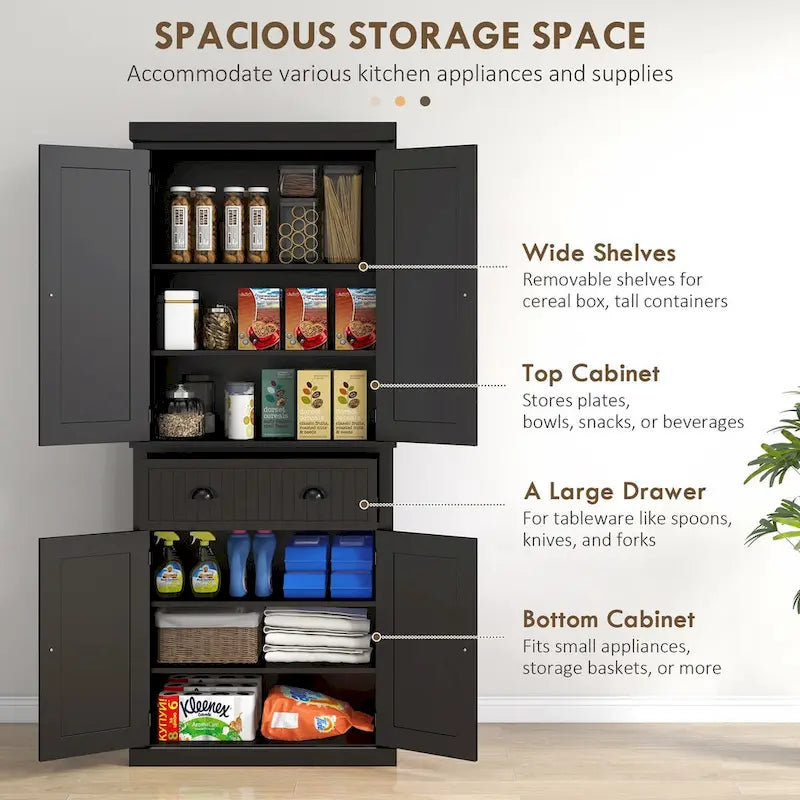 72  Kitchen Pantry Storage Cabinet, Traditional Freestanding Cabinet with 4 Doors and 3 Adjustable Shelves, Large Central Drawer